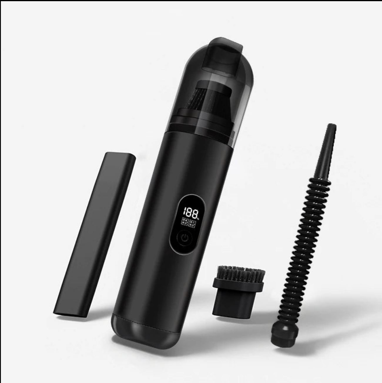 Portable mini handheld car vacuum cleaner with digital display, showcasing its compact design and advanced features.