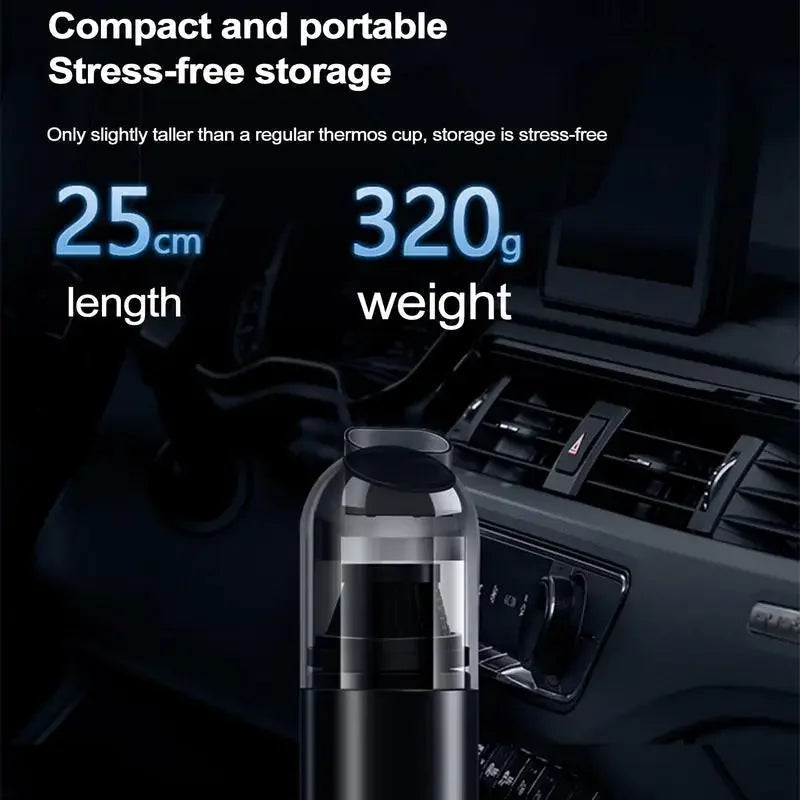 Portable mini handheld car vacuum cleaner with digital display, showcasing its compact design and advanced features.
