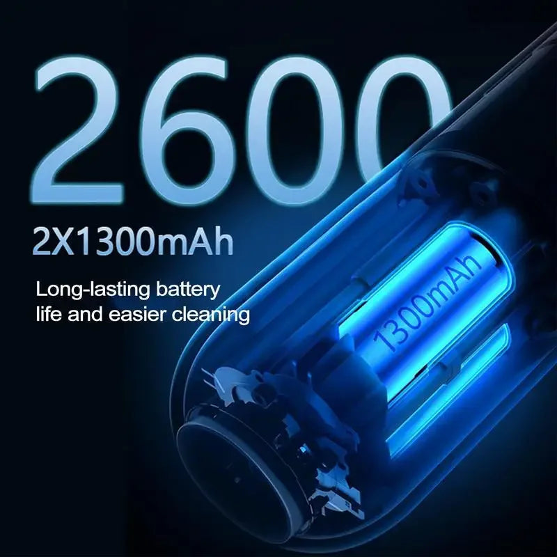 Portable mini handheld car vacuum cleaner with digital display, showcasing its compact design and advanced features.