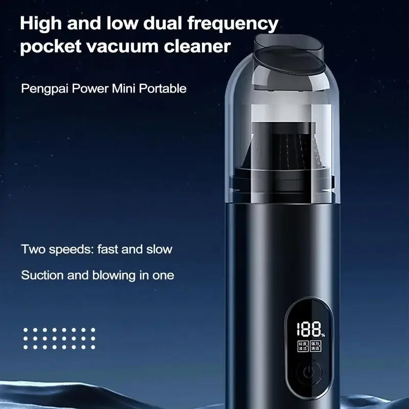 Portable mini handheld car vacuum cleaner with digital display, showcasing its compact design and advanced features.