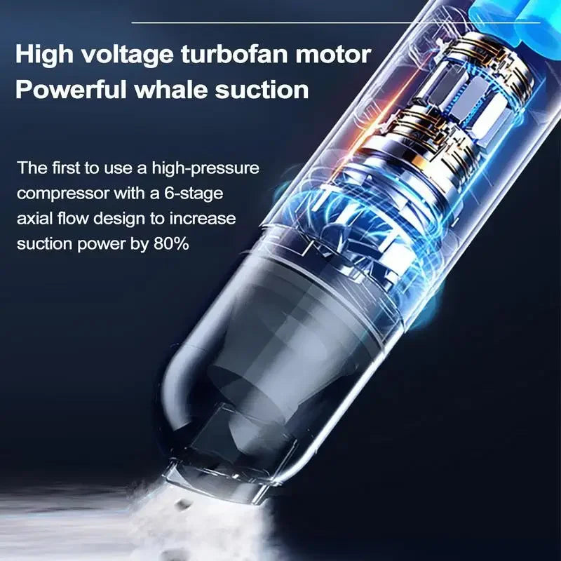 Portable mini handheld car vacuum cleaner with digital display, showcasing its compact design and advanced features.