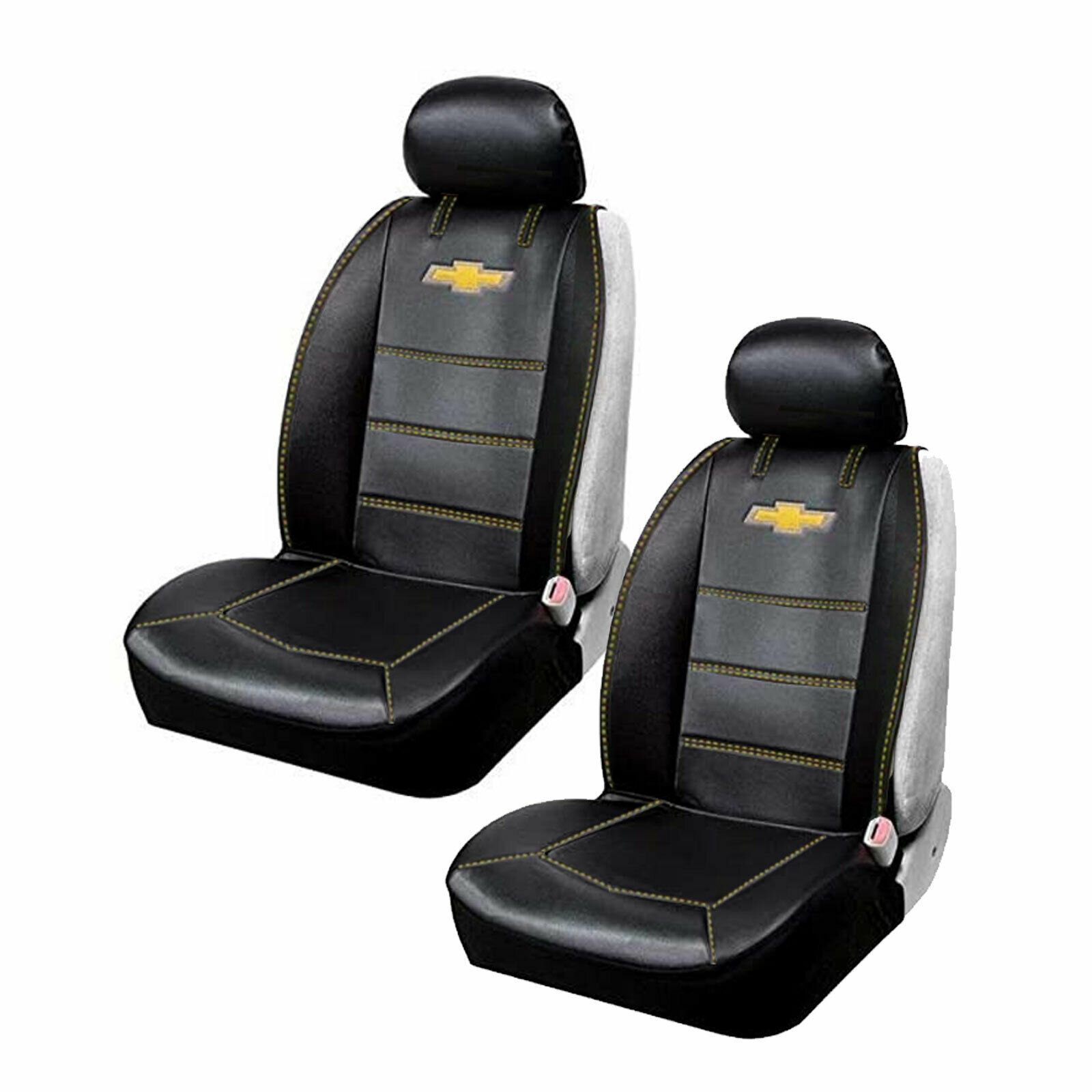 Chevy Bowtie Black Car Truck SUV Front Seat Covers made of synthetic leather, featuring a stylish design and universal fit for various vehicles.