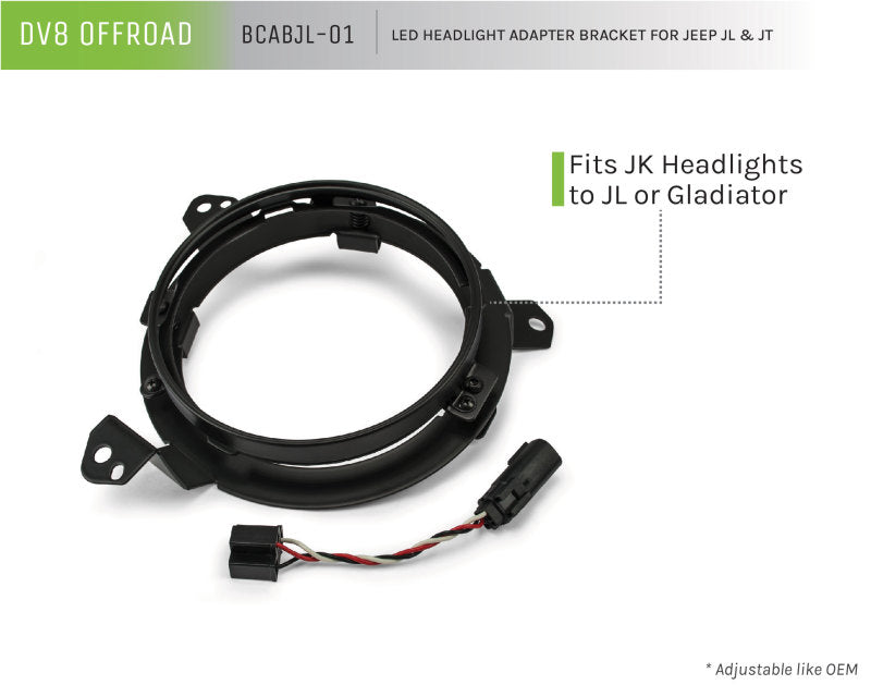 DV8 Offroad 7in Headlights Adapter Kit for Jeep JL and Gladiator, showcasing the components and wiring harness.