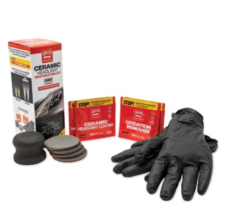 Griots Garage Severe Ceramic Headlight Restoration Kit with packaging and included tools for headlight restoration.