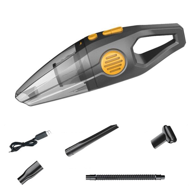 Handheld Wireless Vacuum Cleaner in purple color with various nozzles and USB cable, designed for home and car cleaning.