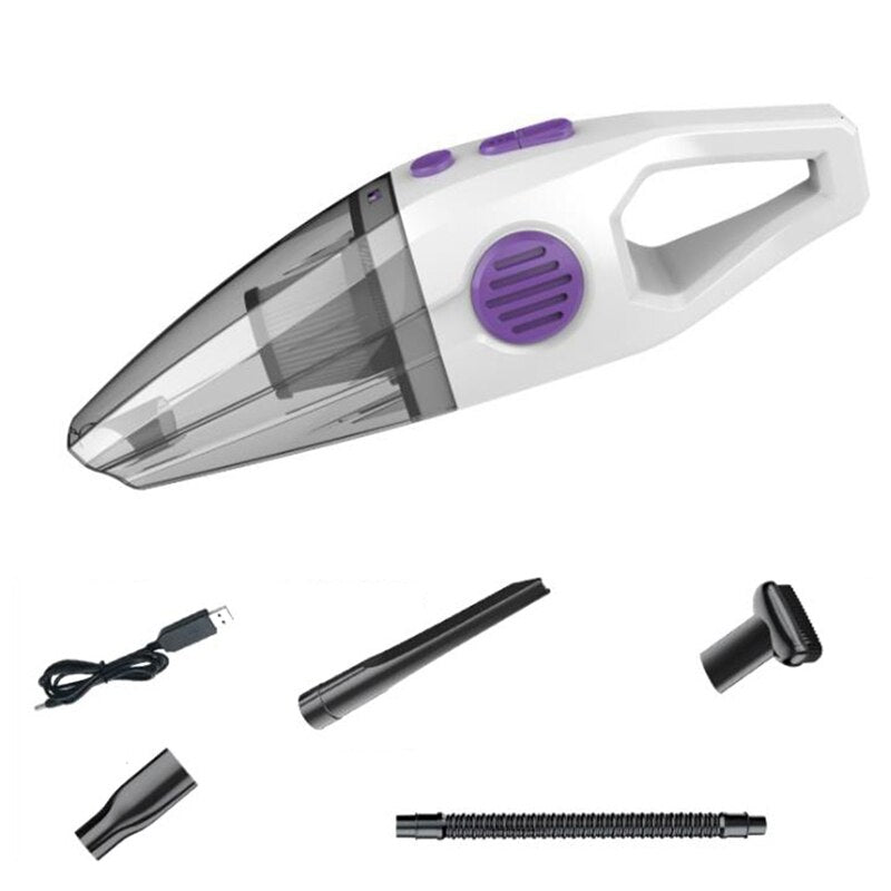 Handheld Wireless Vacuum Cleaner in purple color with various nozzles and USB cable, designed for home and car cleaning.