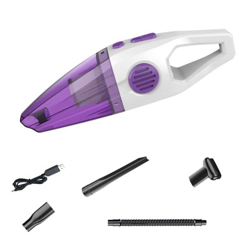 Handheld Wireless Vacuum Cleaner in purple color with various nozzles and USB cable, designed for home and car cleaning.