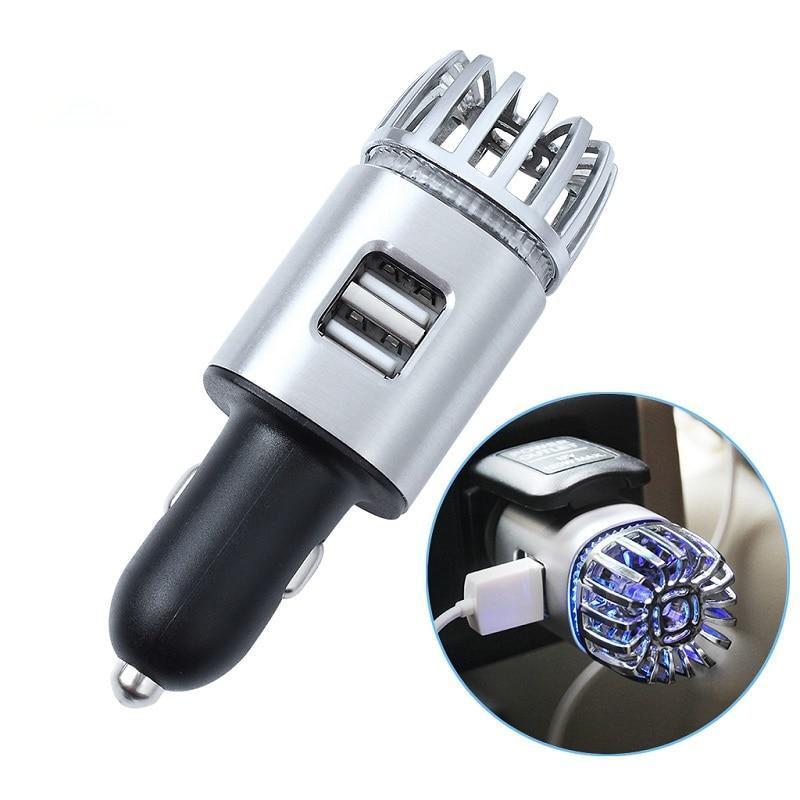 High Quality 2 In 1 Car Charger Air Purifier with dual USB ports and blue LED light, designed for air purification and device charging.