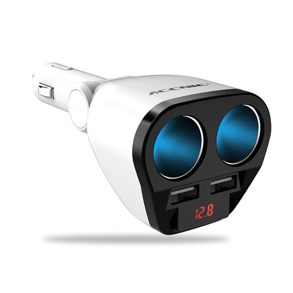 High Quality White Car Charger Cigarette Lighter with dual USB ports and blue LED display for battery voltage.