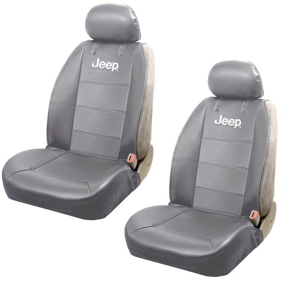 JEEP Elite Gray Synthetic Leather Front Sideless Seat Covers displayed in a vehicle, showcasing their sleek design and universal fit.