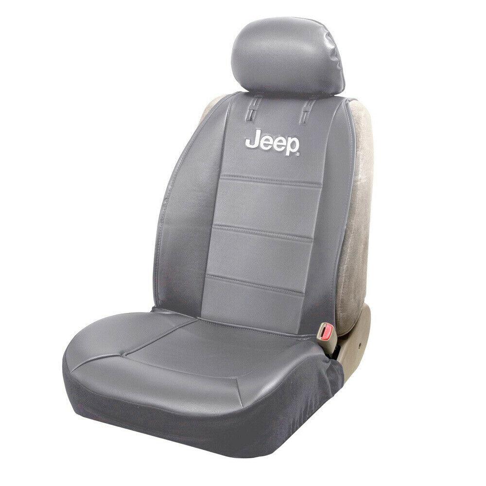 JEEP Elite Gray Synthetic Leather Front Sideless Seat Covers displayed in a vehicle, showcasing their sleek design and universal fit.