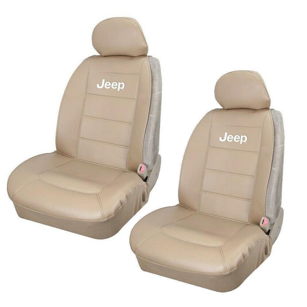 JEEP Elite Tan Synthetic Leather Front Sideless Seat Covers displayed in a vehicle, showcasing their elegant design and universal fit.