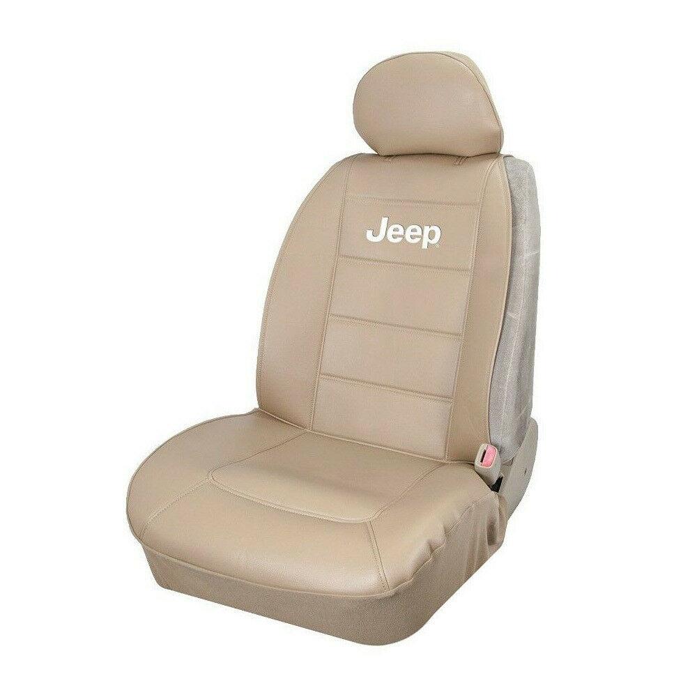 JEEP Elite Tan Synthetic Leather Front Sideless Seat Covers displayed in a vehicle, showcasing their elegant design and universal fit.