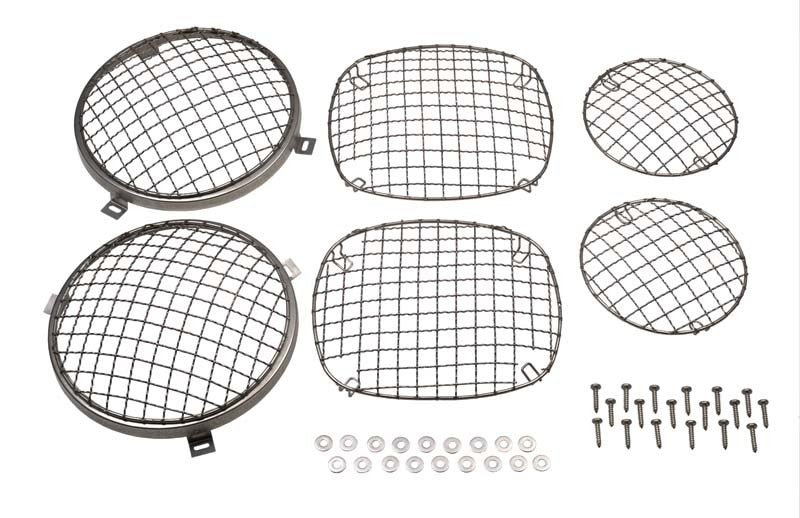 Kentrol 76-86 Jeep Wire Mesh Guard Set in polished silver, featuring six pieces designed for CJ models, showcasing durability and style.