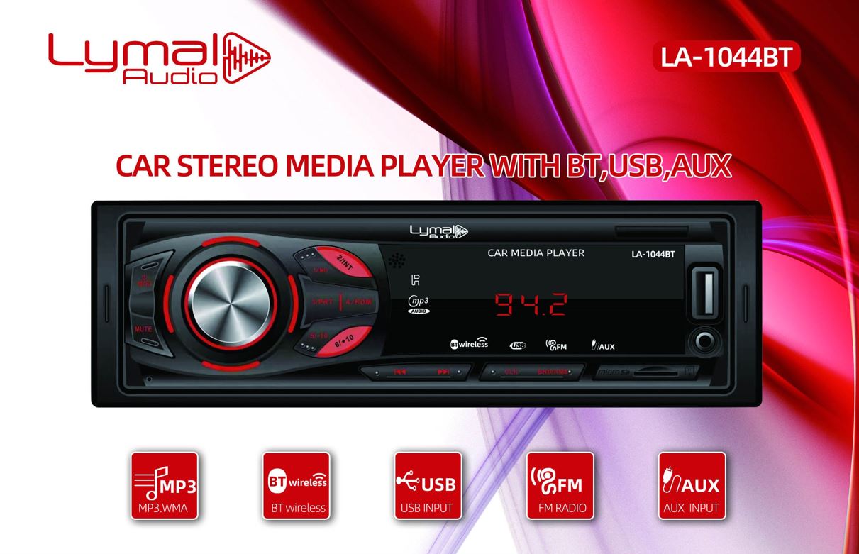 Lymal Audio LA-1044BT Car Media Player with Bluetooth, featuring USB and Aux inputs, sleek design, and user-friendly interface.
