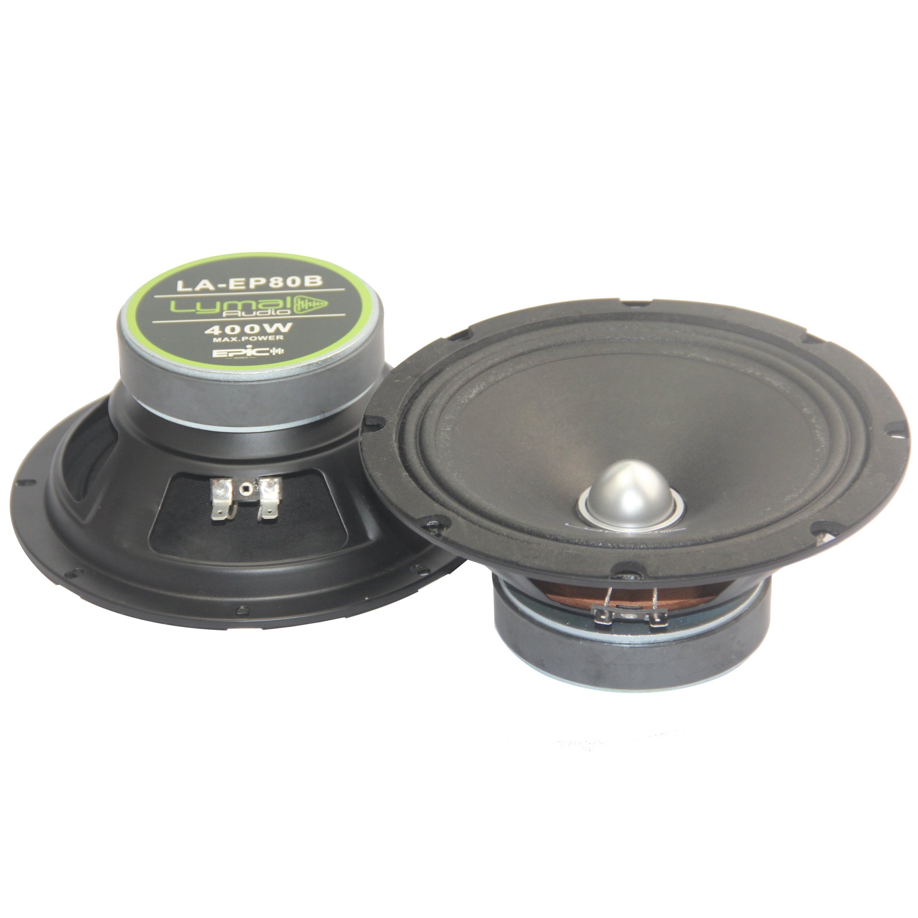 LA-EP80B 8-inch midrange loudspeakers with bullet design, showcasing robust construction and high-performance features for car audio systems.