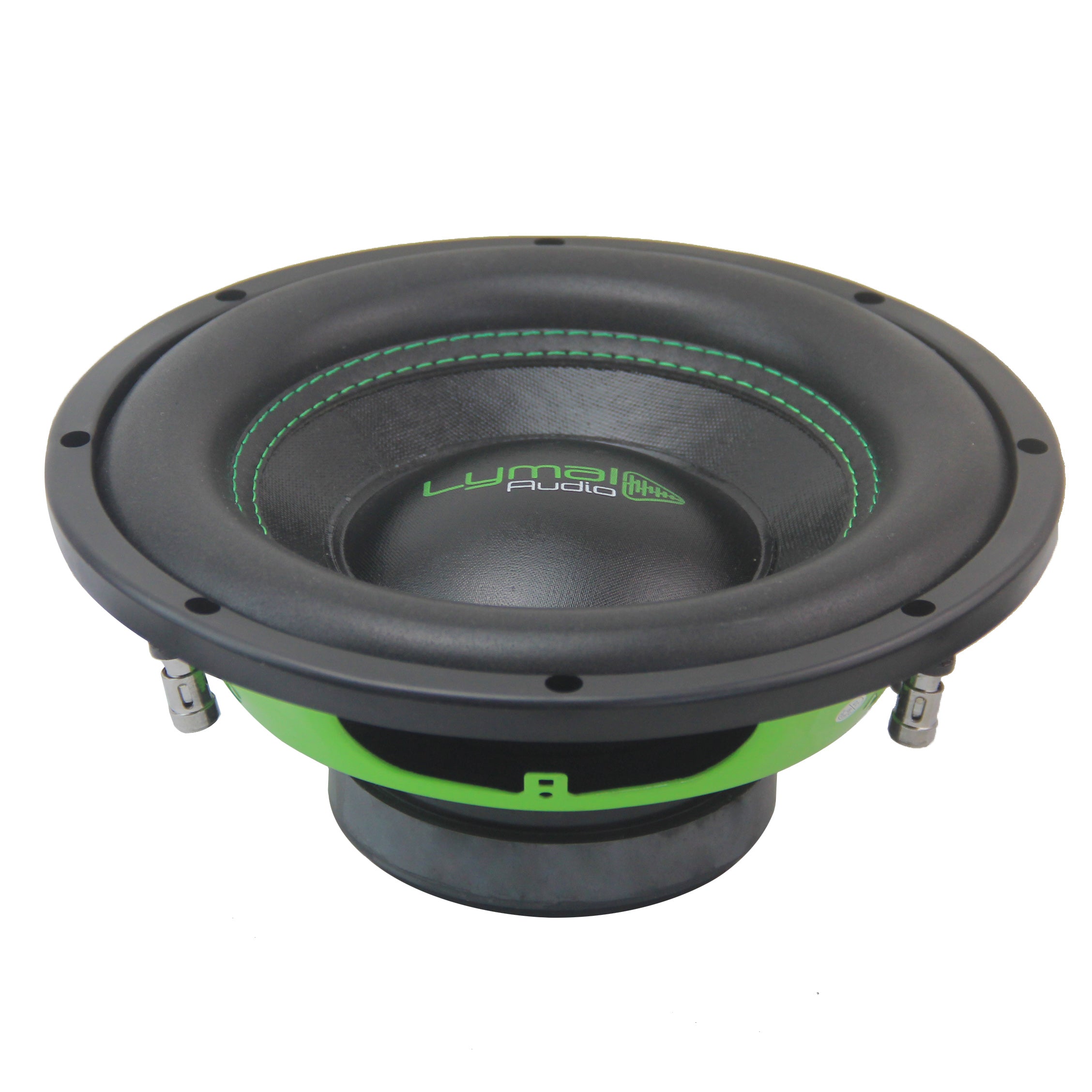 Lymal Audio LA-EPX10D4 10-inch subwoofer showcasing its dual voice coils and polypropylene cone, designed for powerful bass performance.