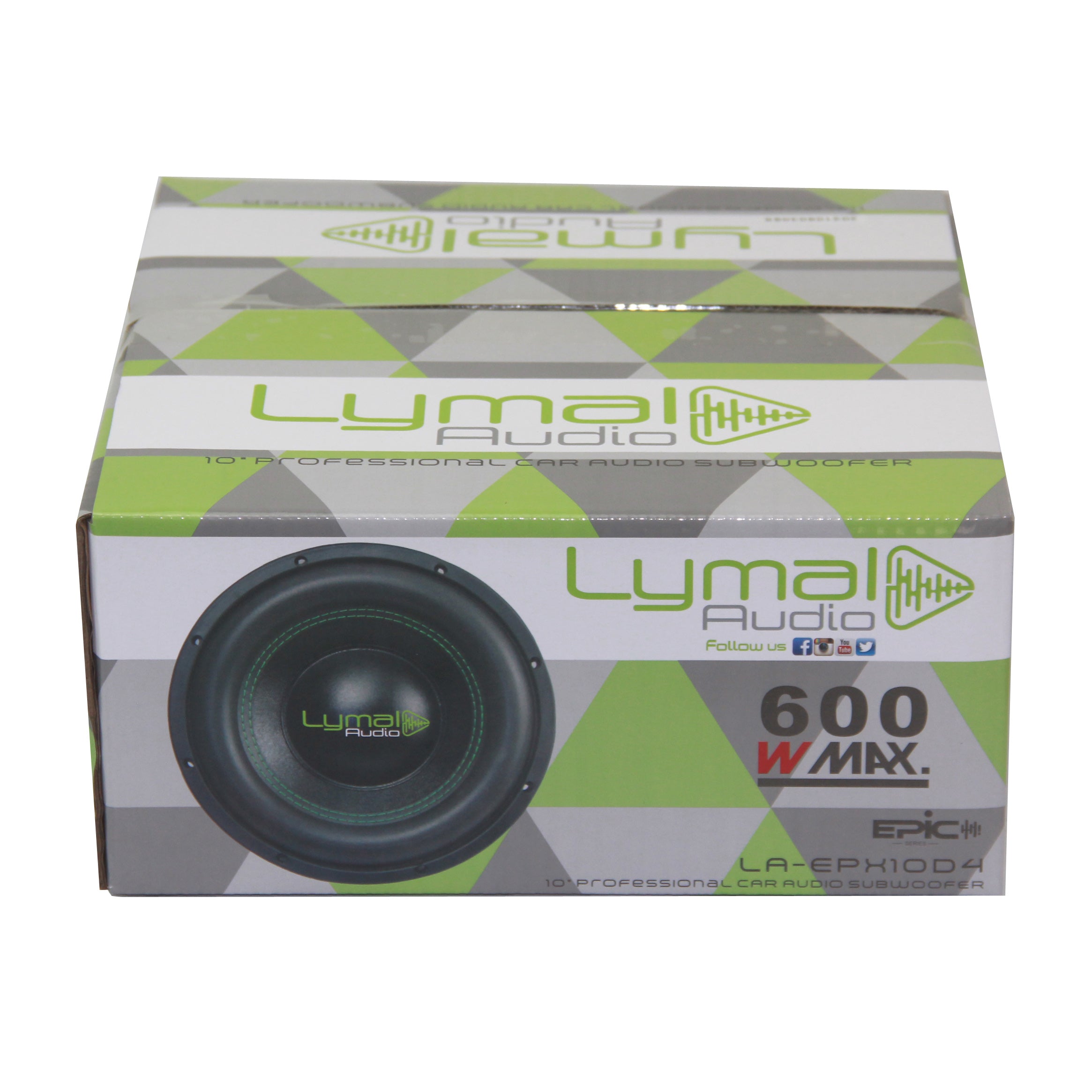 Lymal Audio LA-EPX10D4 10-inch subwoofer showcasing its dual voice coils and polypropylene cone, designed for powerful bass performance.