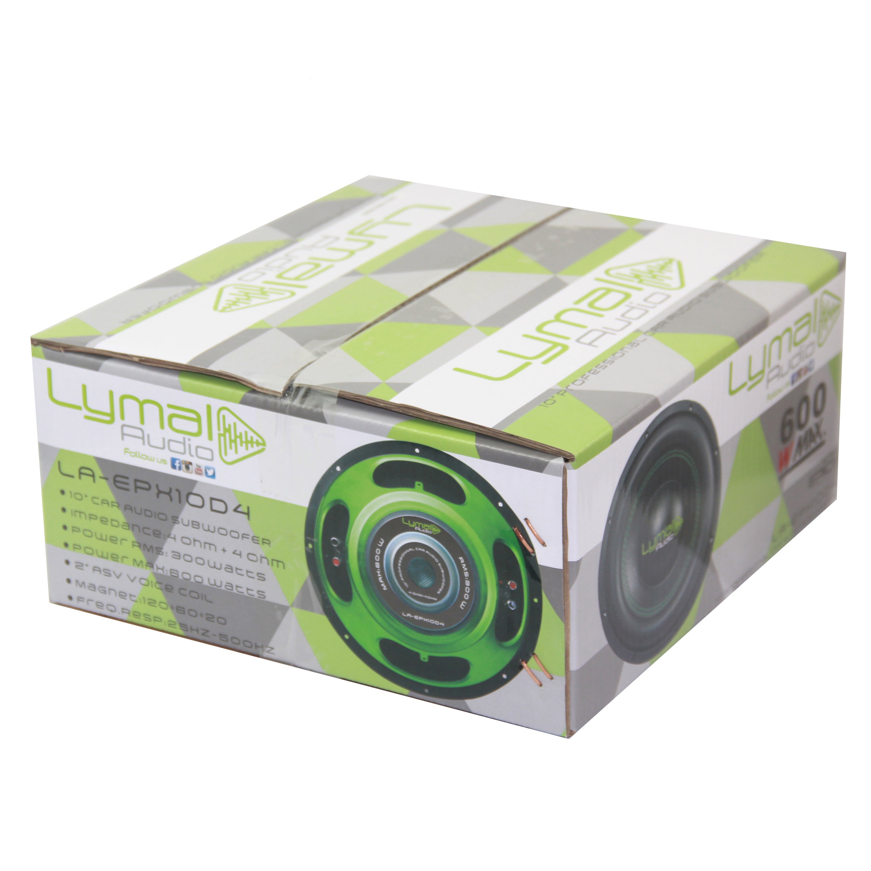 Lymal Audio LA-EPX10D4 10-inch subwoofer showcasing its dual voice coils and polypropylene cone, designed for powerful bass performance.