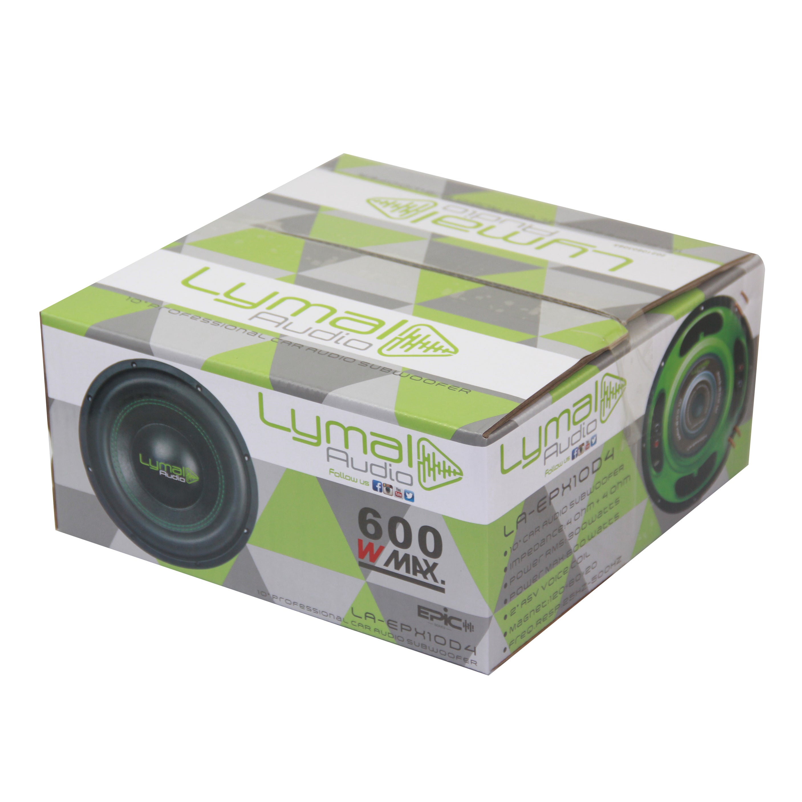 Lymal Audio LA-EPX10D4 10-inch subwoofer showcasing its dual voice coils and polypropylene cone, designed for powerful bass performance.