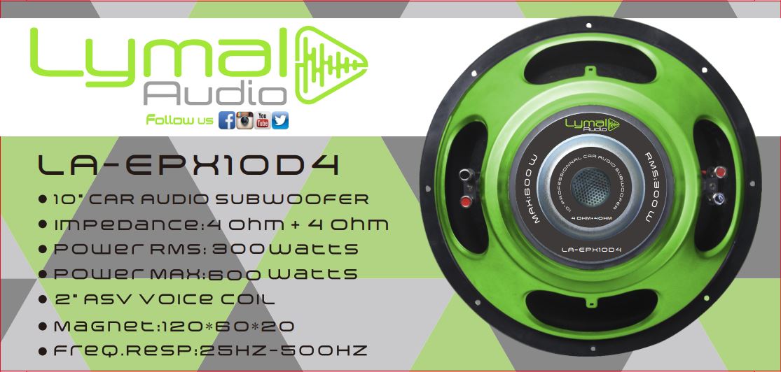 Lymal Audio LA-EPX10D4 10-inch subwoofer showcasing its dual voice coils and polypropylene cone, designed for powerful bass performance.