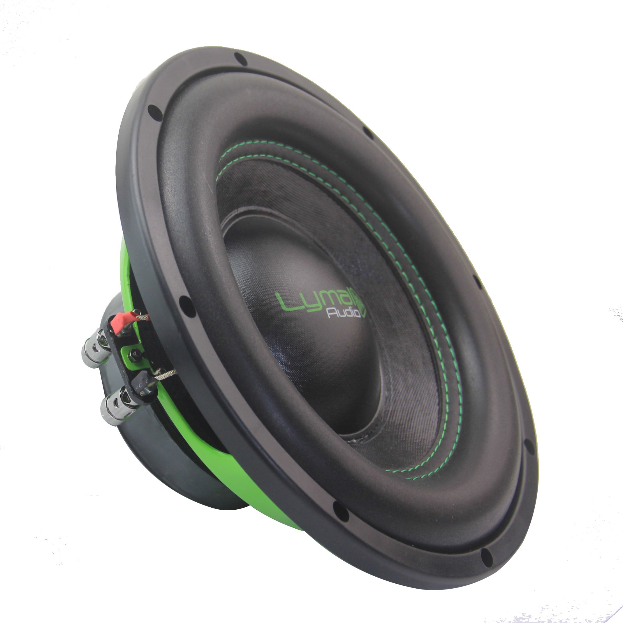 Lymal Audio LA-EPX10D4 10-inch subwoofer showcasing its dual voice coils and polypropylene cone, designed for powerful bass performance.