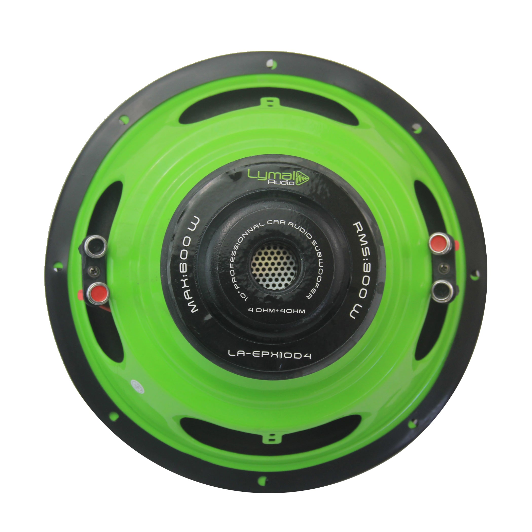 Lymal Audio LA-EPX10D4 10-inch subwoofer showcasing its dual voice coils and polypropylene cone, designed for powerful bass performance.