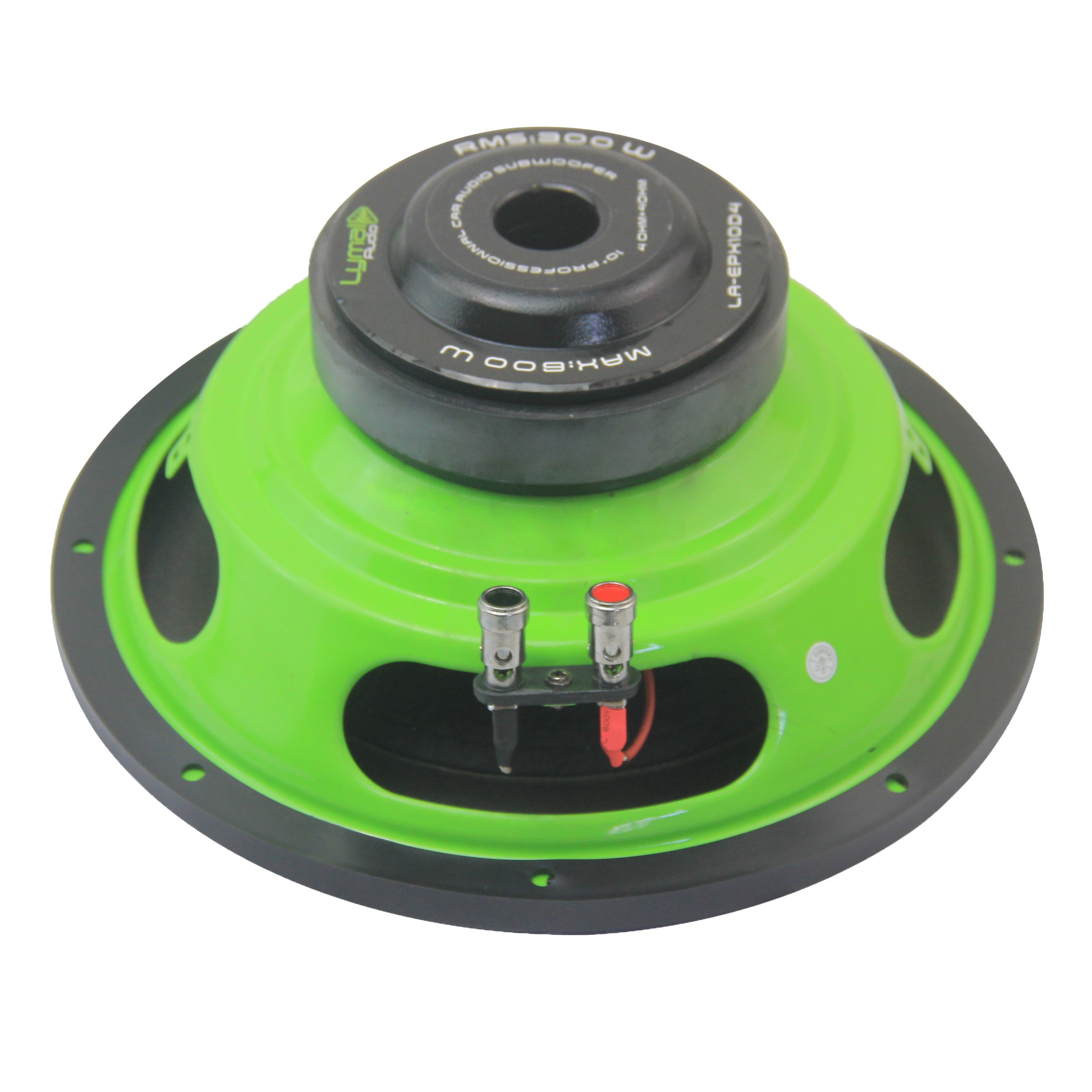 Lymal Audio LA-EPX10D4 10-inch subwoofer showcasing its dual voice coils and polypropylene cone, designed for powerful bass performance.