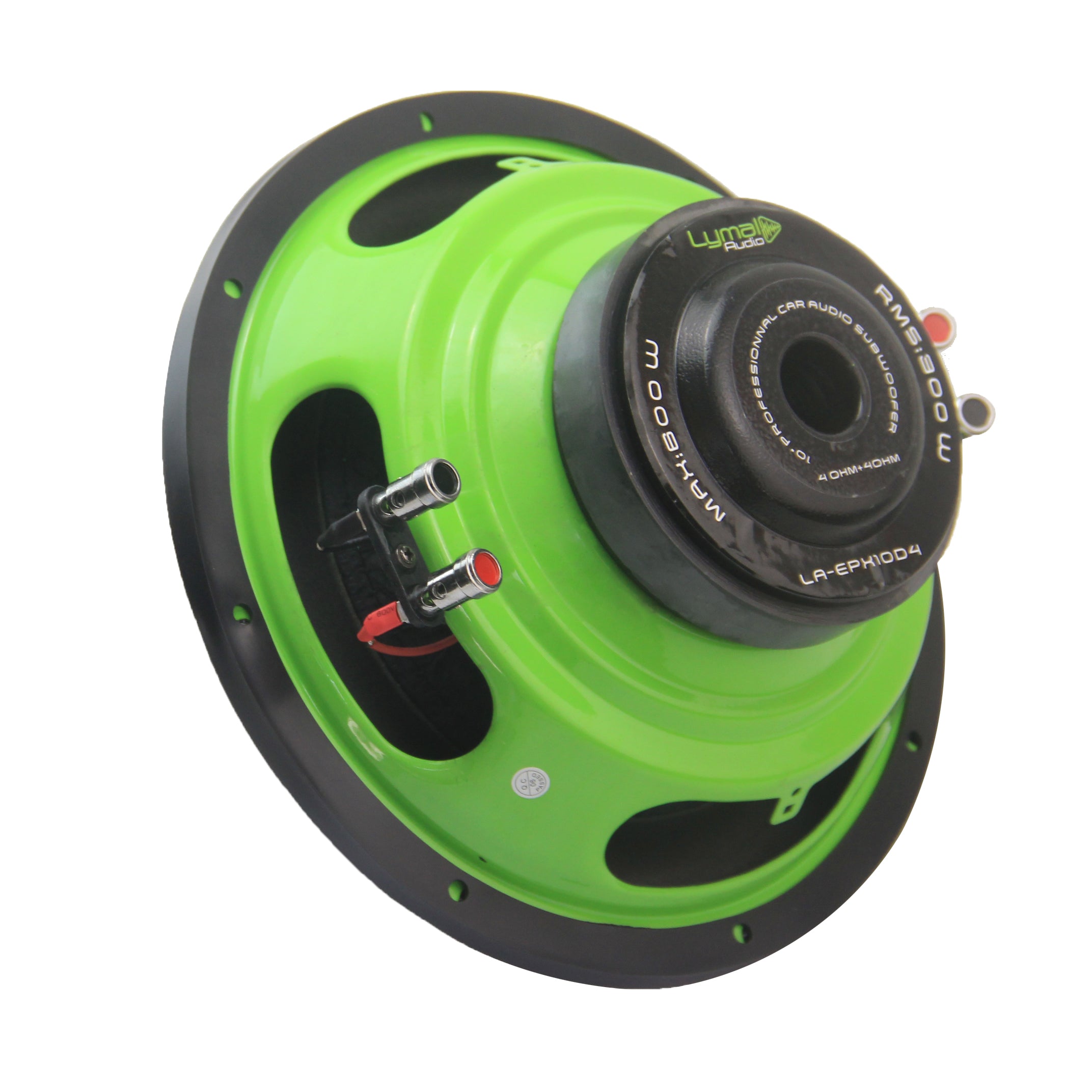 Lymal Audio LA-EPX10D4 10-inch subwoofer showcasing its dual voice coils and polypropylene cone, designed for powerful bass performance.