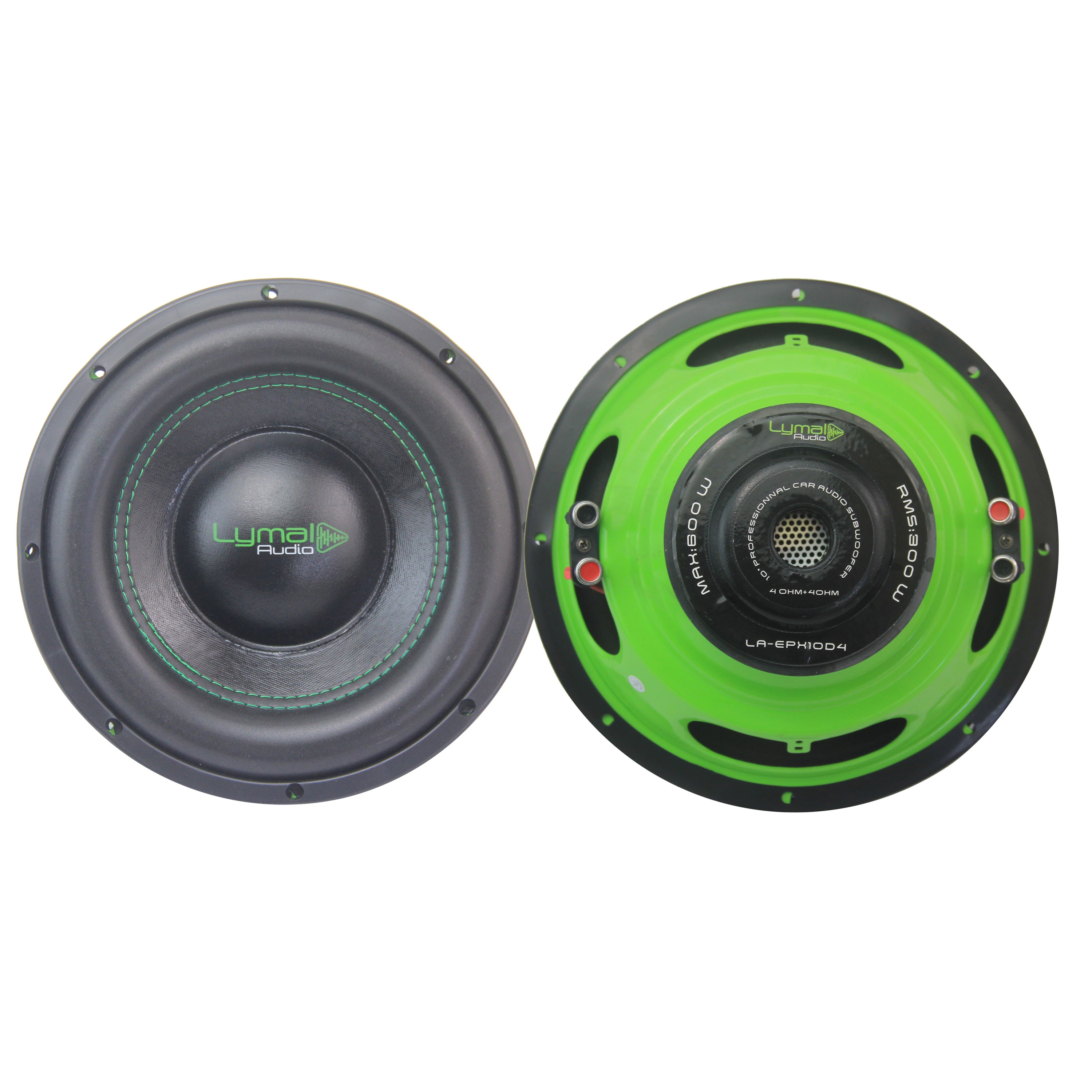 Lymal Audio LA-EPX10D4 10-inch subwoofer showcasing its dual voice coils and polypropylene cone, designed for powerful bass performance.