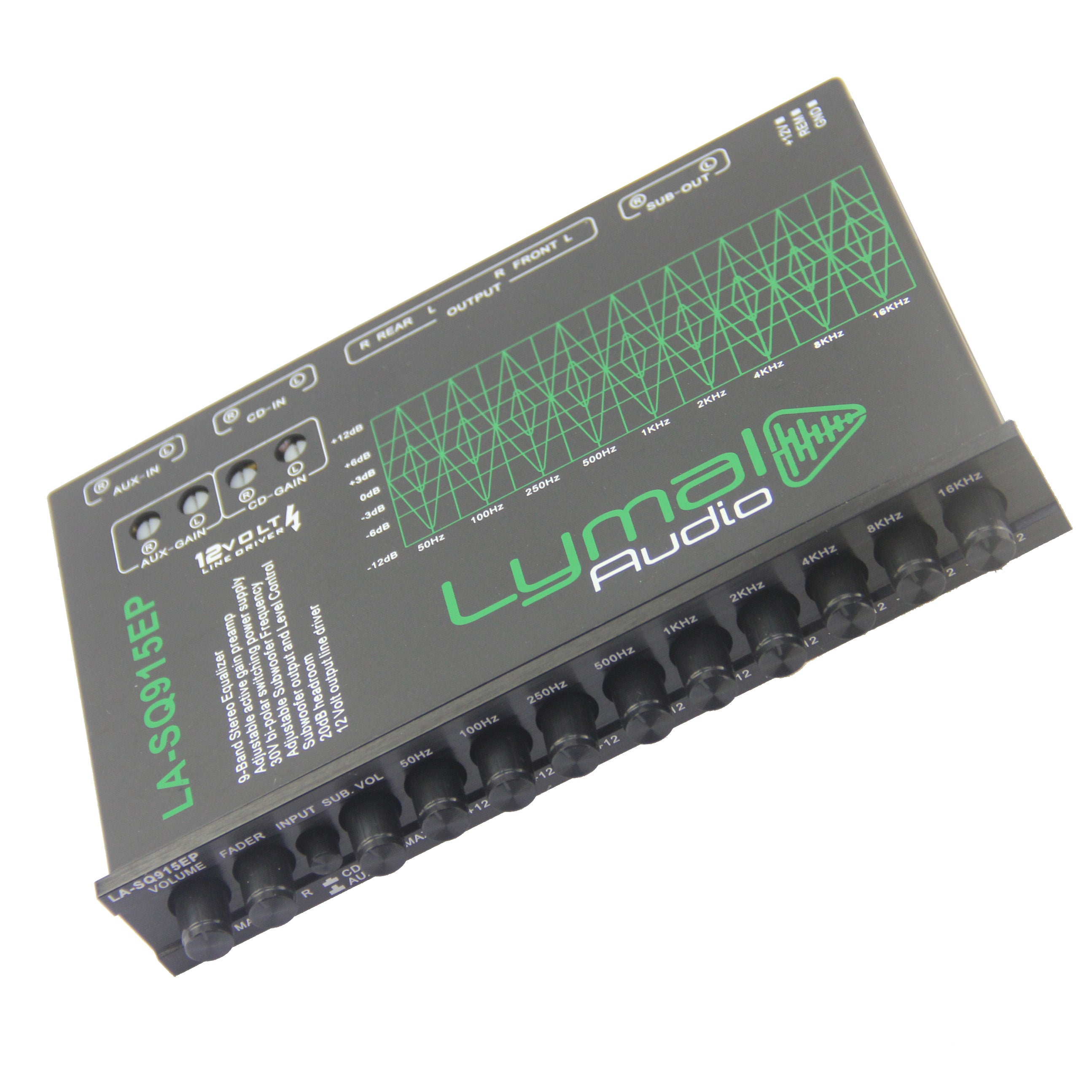 LA-SQ915EP 9 Band 12 Volt Car Audio Graphic Equalizer with gold plated RCA connectors and adjustable frequency bands.