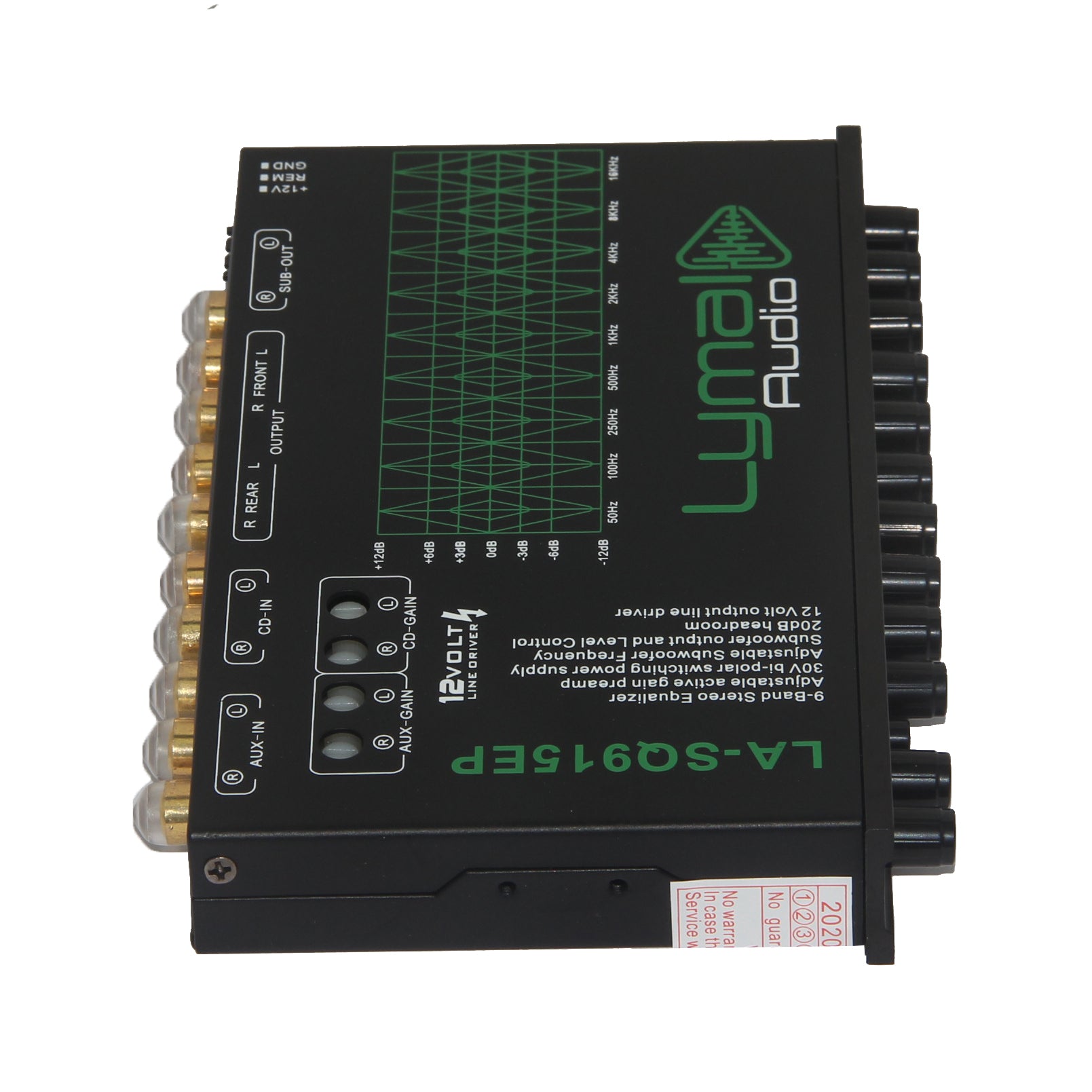 LA-SQ915EP 9 Band 12 Volt Car Audio Graphic Equalizer with gold plated RCA connectors and adjustable frequency bands.