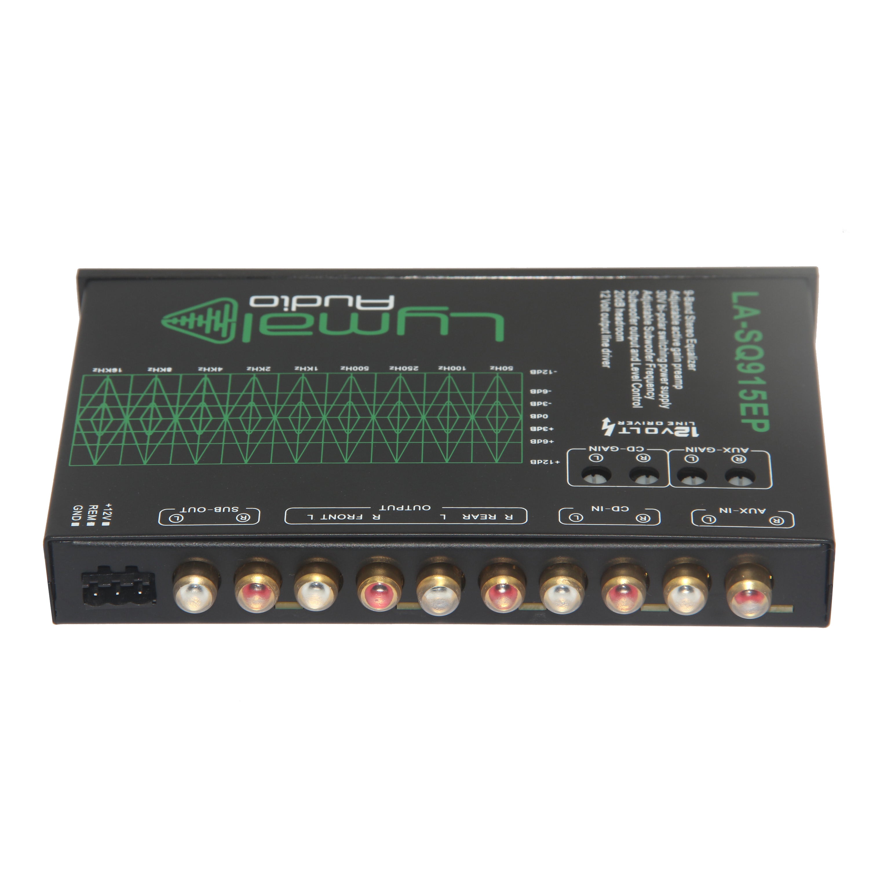 LA-SQ915EP 9 Band 12 Volt Car Audio Graphic Equalizer with gold plated RCA connectors and adjustable frequency bands.