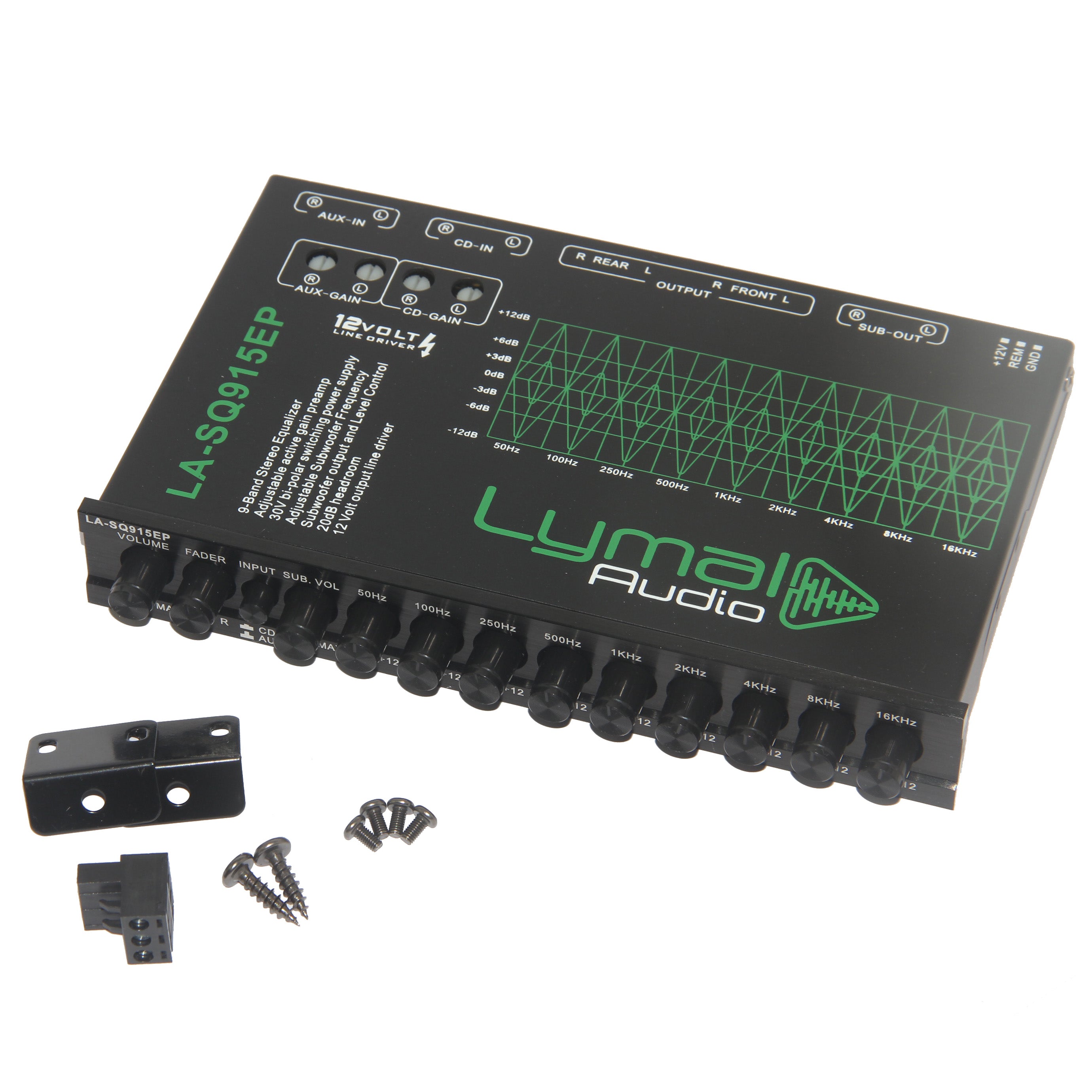 LA-SQ915EP 9 Band 12 Volt Car Audio Graphic Equalizer with gold plated RCA connectors and adjustable frequency bands.