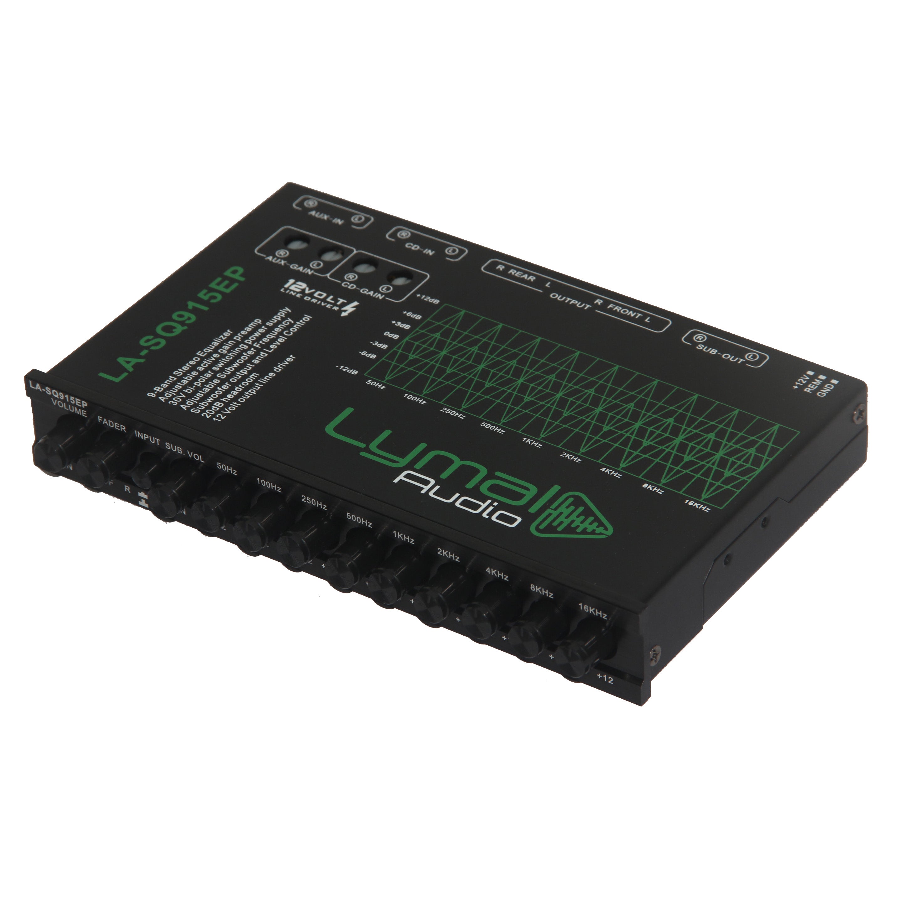 LA-SQ915EP 9 Band 12 Volt Car Audio Graphic Equalizer with gold plated RCA connectors and adjustable frequency bands.