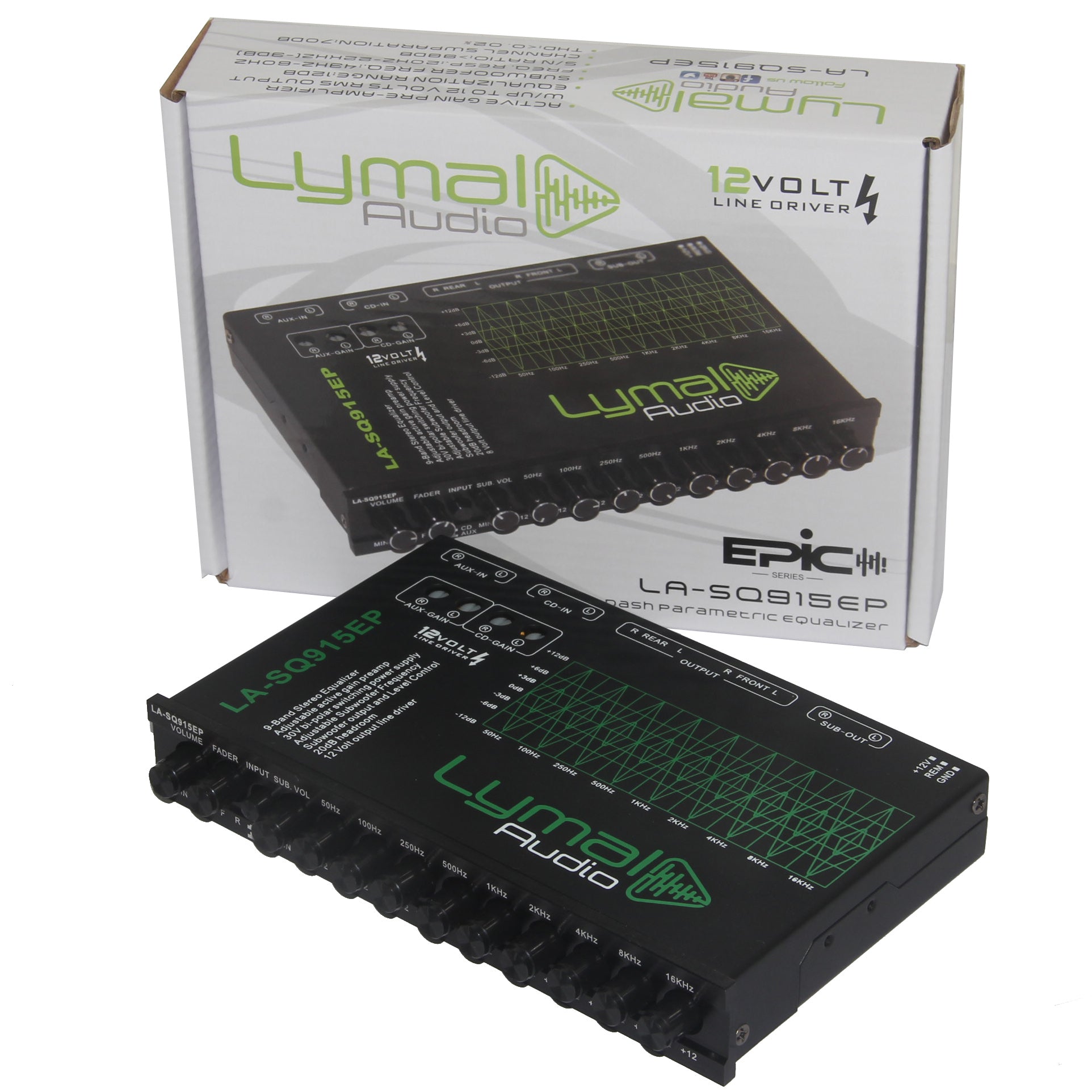 LA-SQ915EP 9 Band 12 Volt Car Audio Graphic Equalizer with gold plated RCA connectors and adjustable frequency bands.