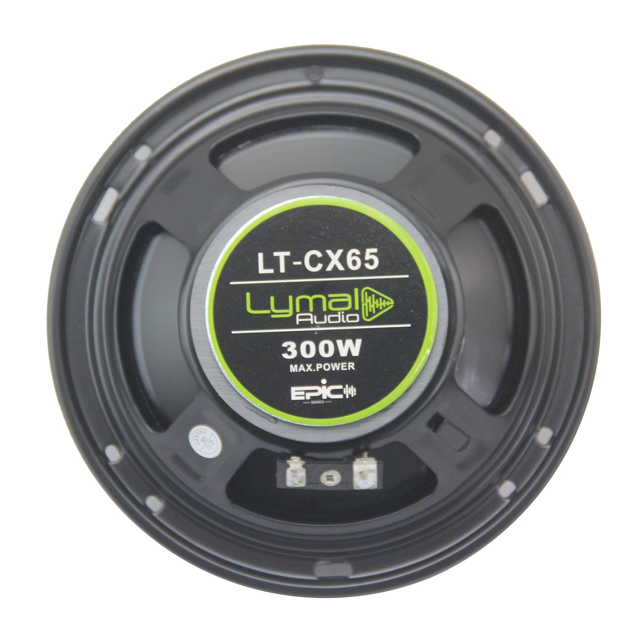Lymal Audio LT-CX65 6.5 inch 4-way coaxial speakers showcasing a sleek design with a durable injection cone and multiple tweeters.