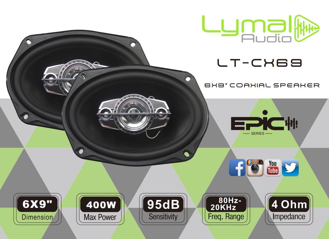 LT-CX69 6 x 9 inch 4-way coaxial speakers with a sleek design, showcasing the injection cone and tweeter components.