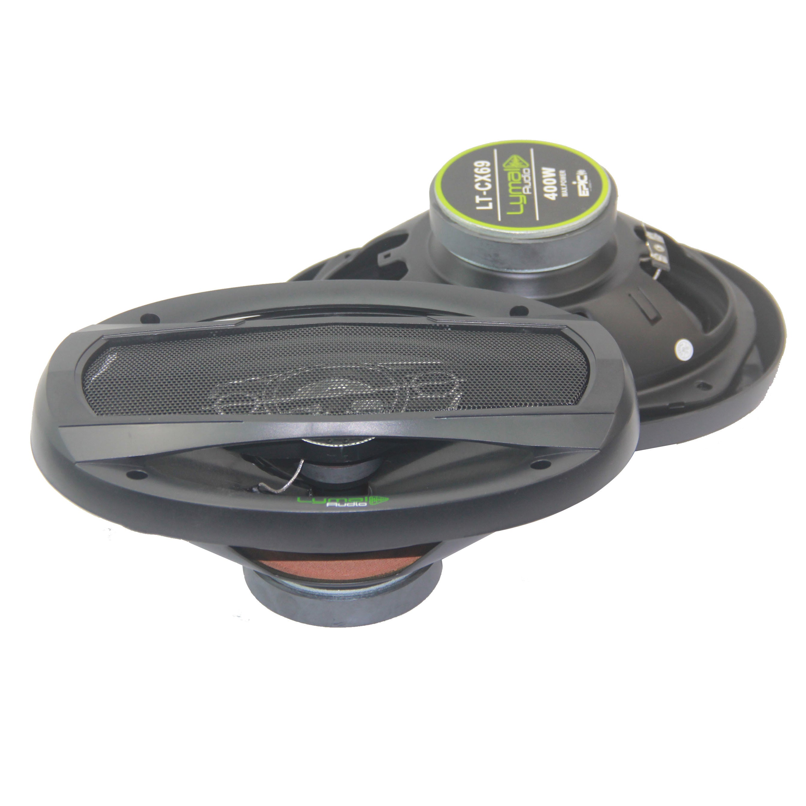 LT-CX69 6 x 9 inch 4-way coaxial speakers with a sleek design, showcasing the injection cone and tweeter components.