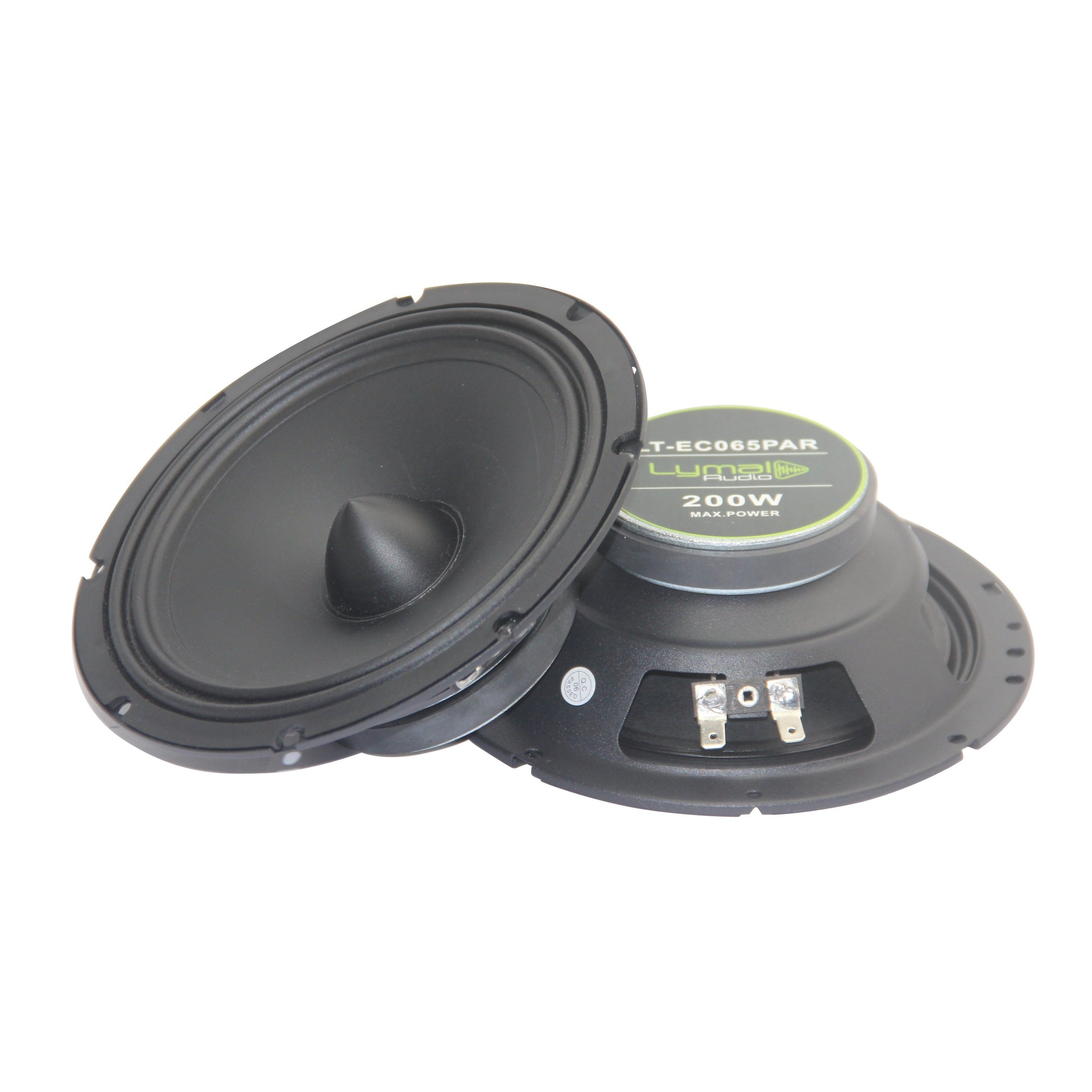LT-ECO65PAR 6.5-inch mid car audio speakers with bullet design, showcasing robust construction and sleek appearance.