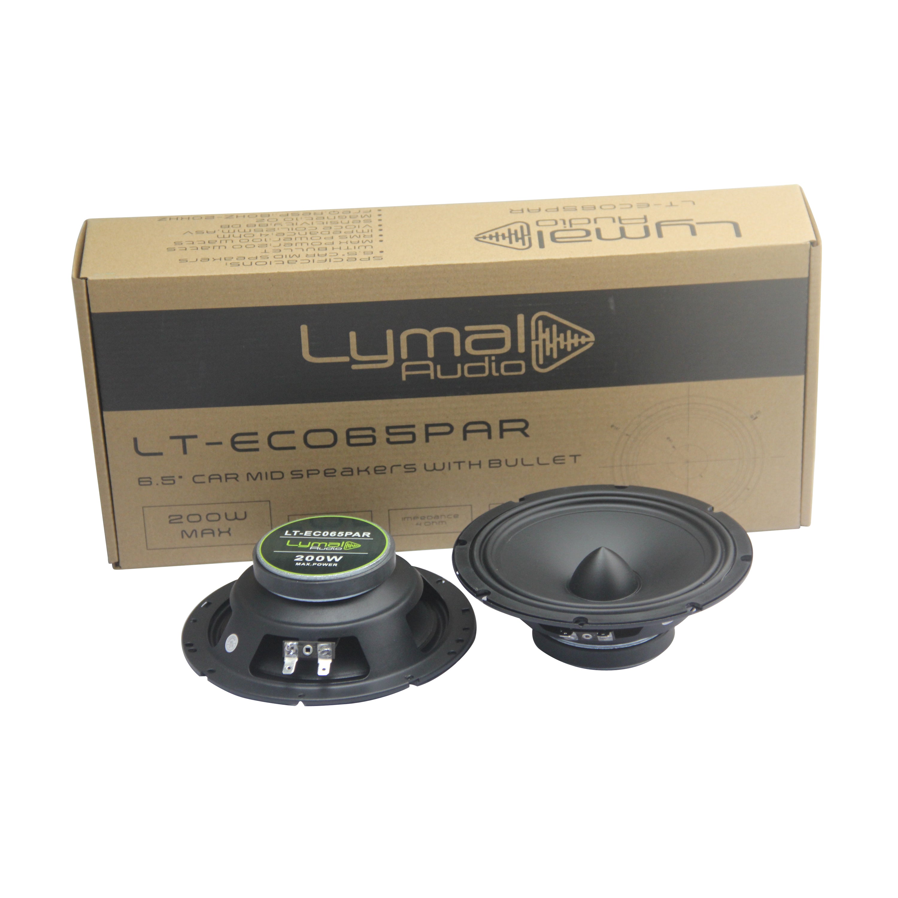 LT-ECO65PAR 6.5-inch mid car audio speakers with bullet design, showcasing robust construction and sleek appearance.