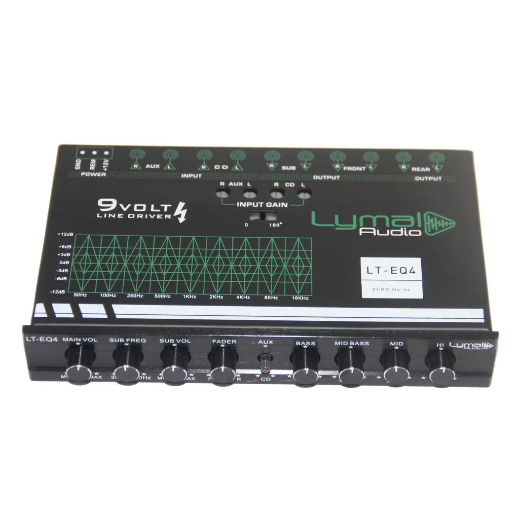 LT-EQ4 4 Band 9 Volt Car Audio Graphic Equalizer with controls and RCA connectors.