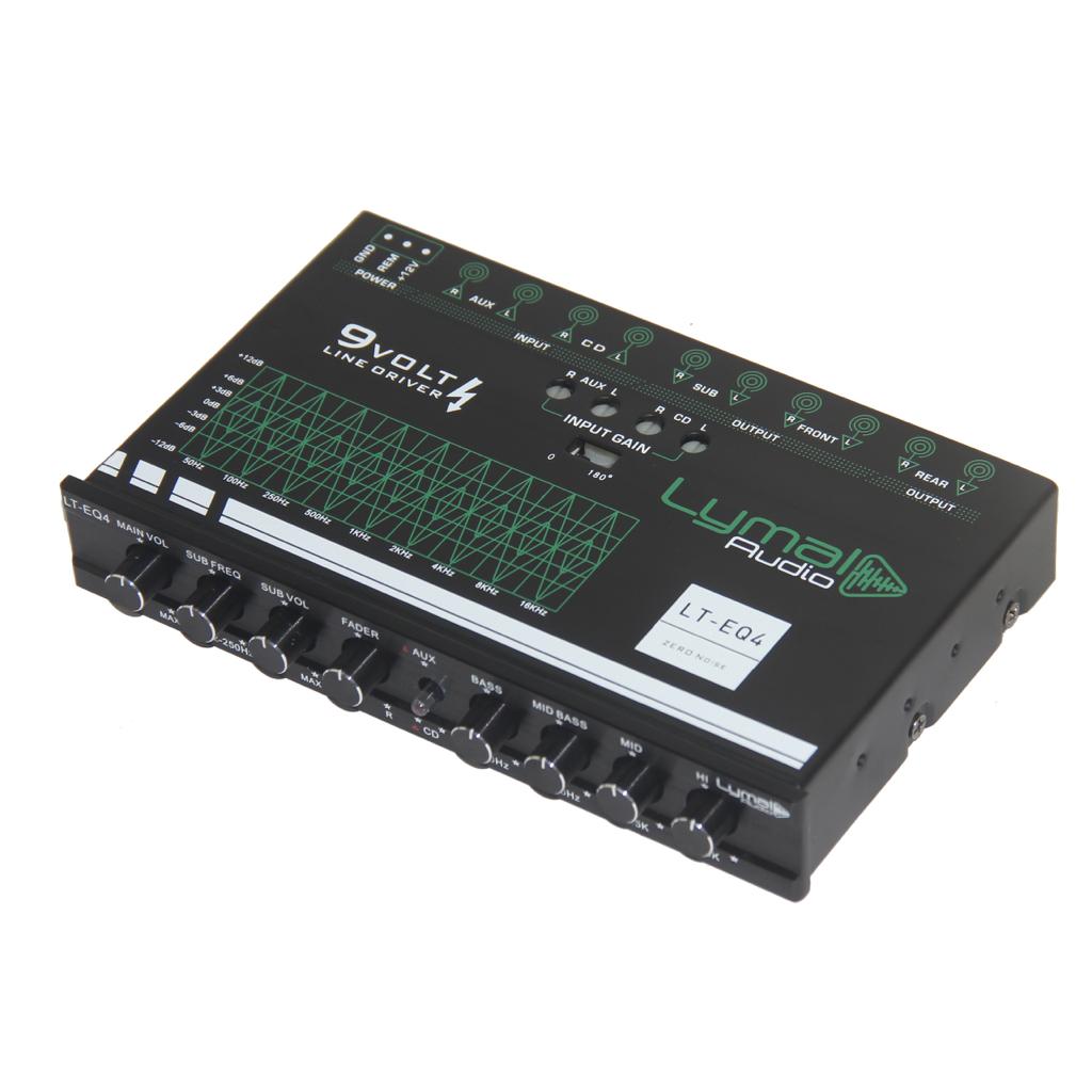 LT-EQ4 4 Band 9 Volt Car Audio Graphic Equalizer with controls and RCA connectors.