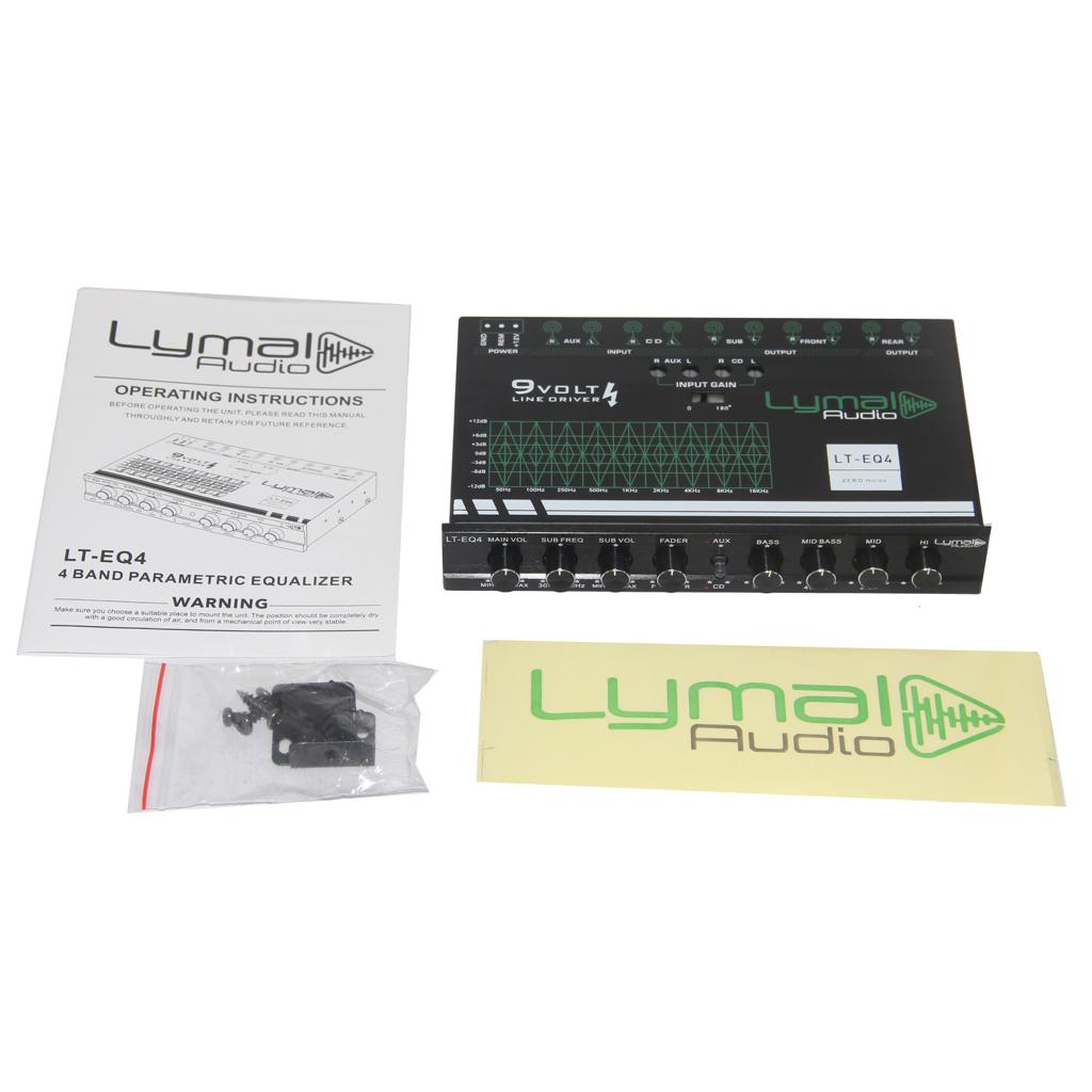 LT-EQ4 4 Band 9 Volt Car Audio Graphic Equalizer with controls and RCA connectors.