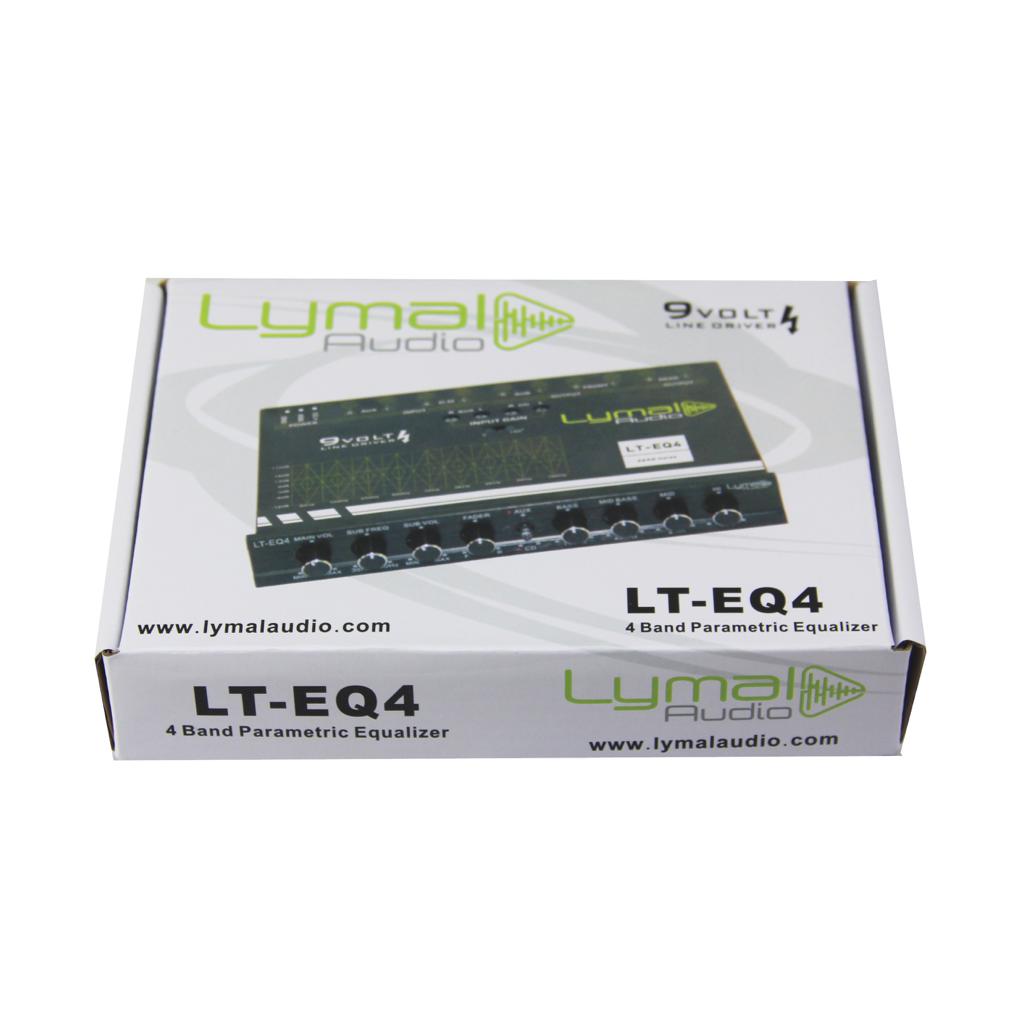 LT-EQ4 4 Band 9 Volt Car Audio Graphic Equalizer with controls and RCA connectors.