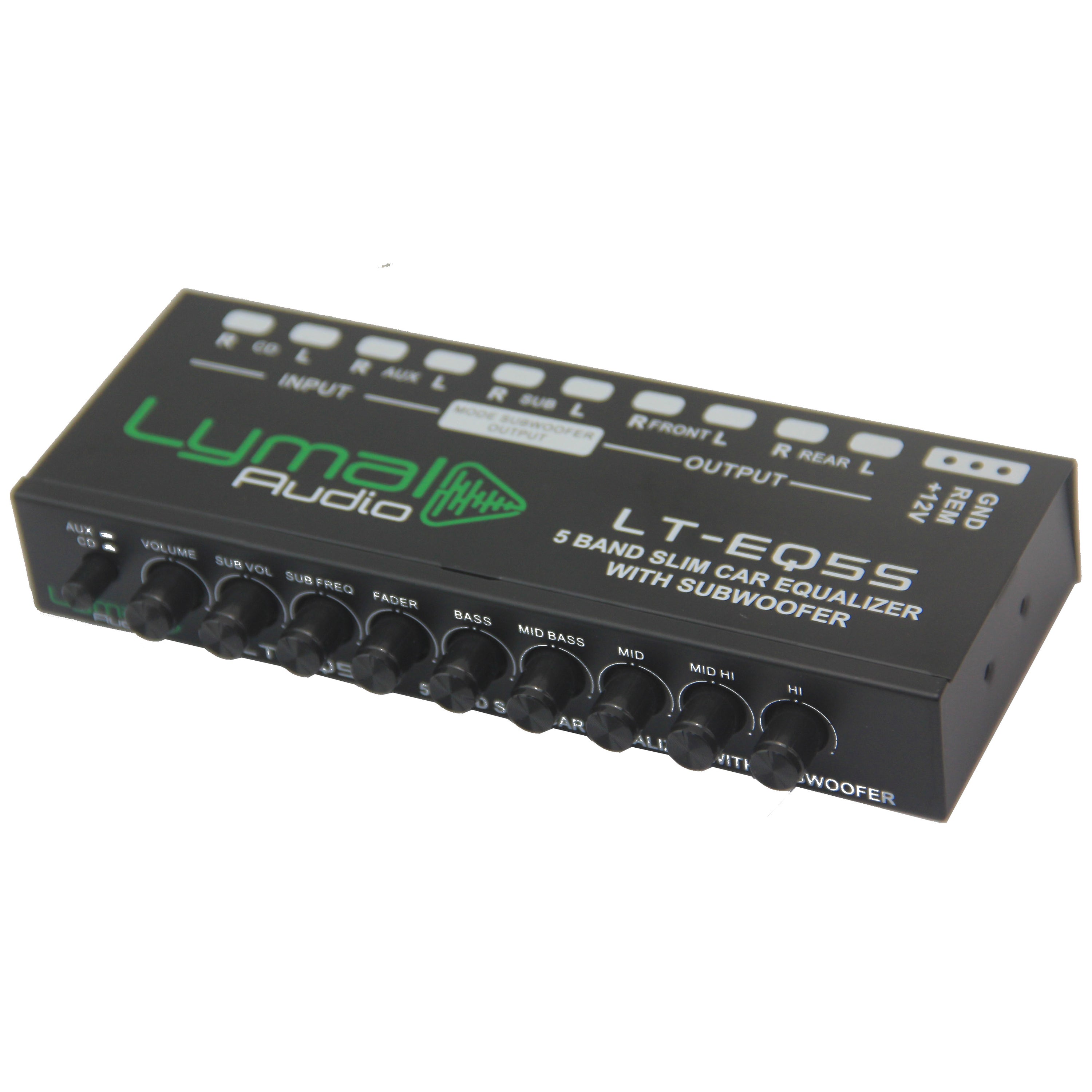 Lymal Audio LT-EQ5S 5 Band 9 Volt Car Audio Graphic Equalizer with sleek design and adjustable controls.