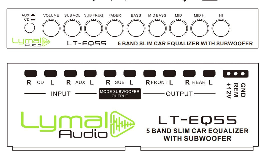 Lymal Audio LT-EQ5S 5 Band 9 Volt Car Audio Graphic Equalizer with sleek design and adjustable controls.
