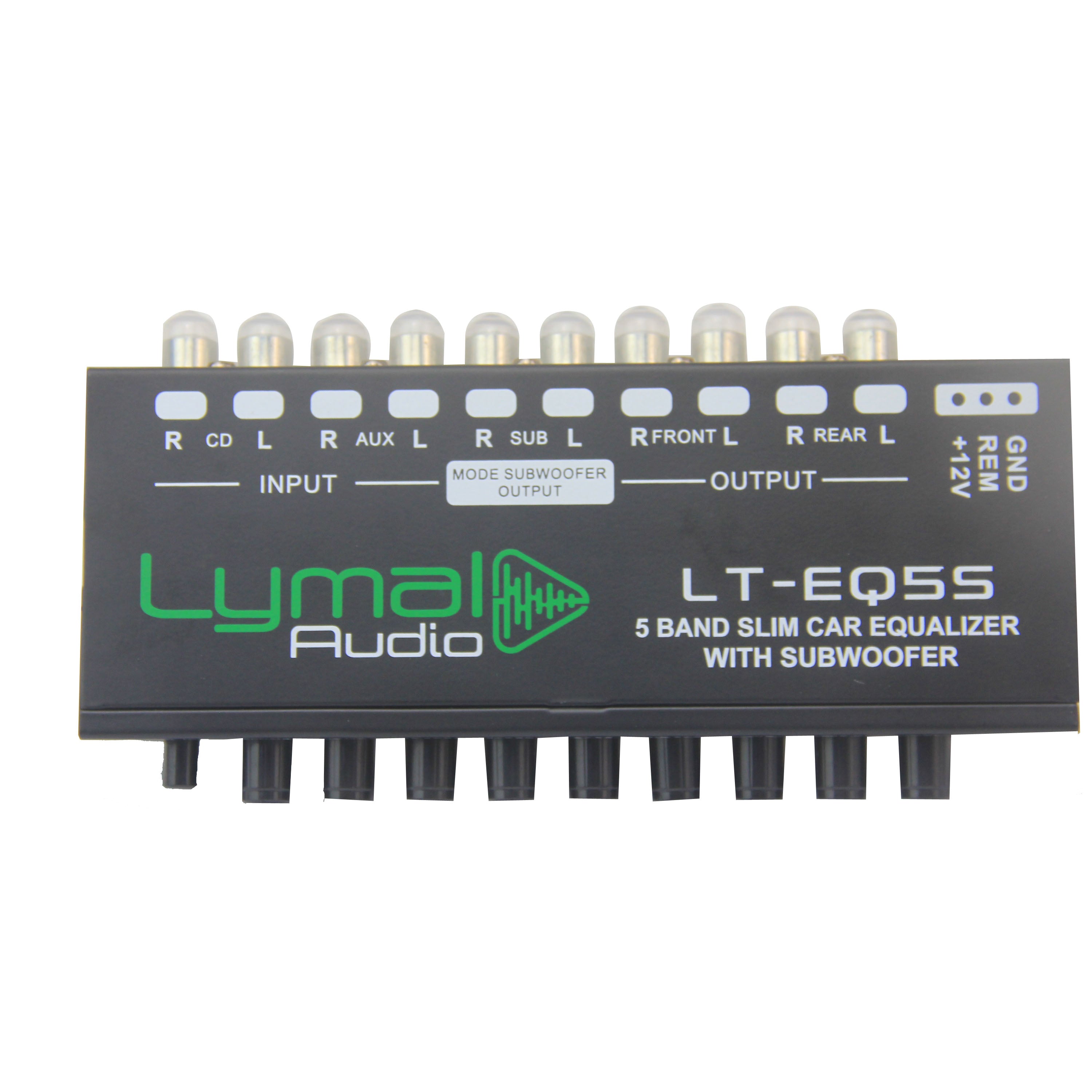 Lymal Audio LT-EQ5S 5 Band 9 Volt Car Audio Graphic Equalizer with sleek design and adjustable controls.