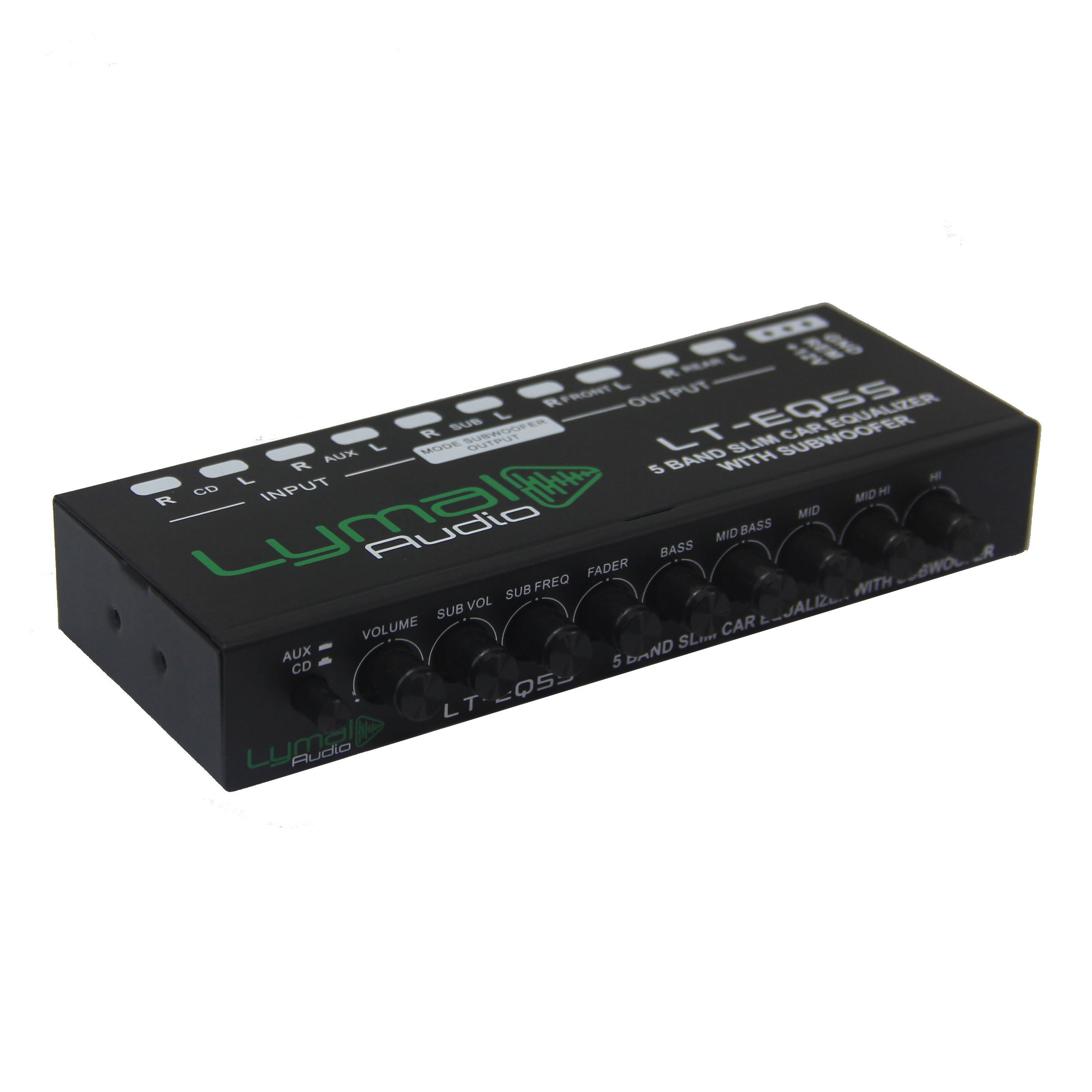 Lymal Audio LT-EQ5S 5 Band 9 Volt Car Audio Graphic Equalizer with sleek design and adjustable controls.