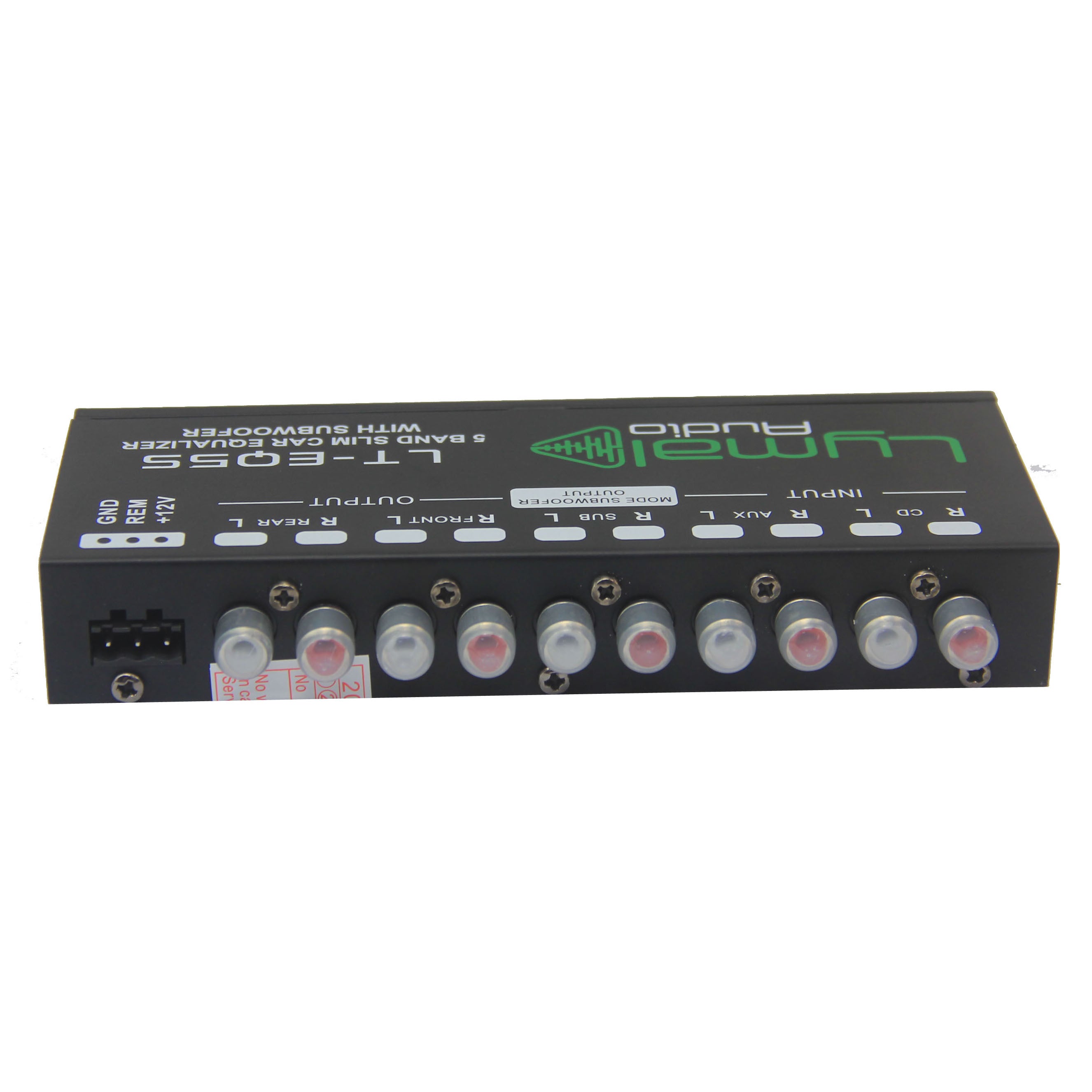 Lymal Audio LT-EQ5S 5 Band 9 Volt Car Audio Graphic Equalizer with sleek design and adjustable controls.